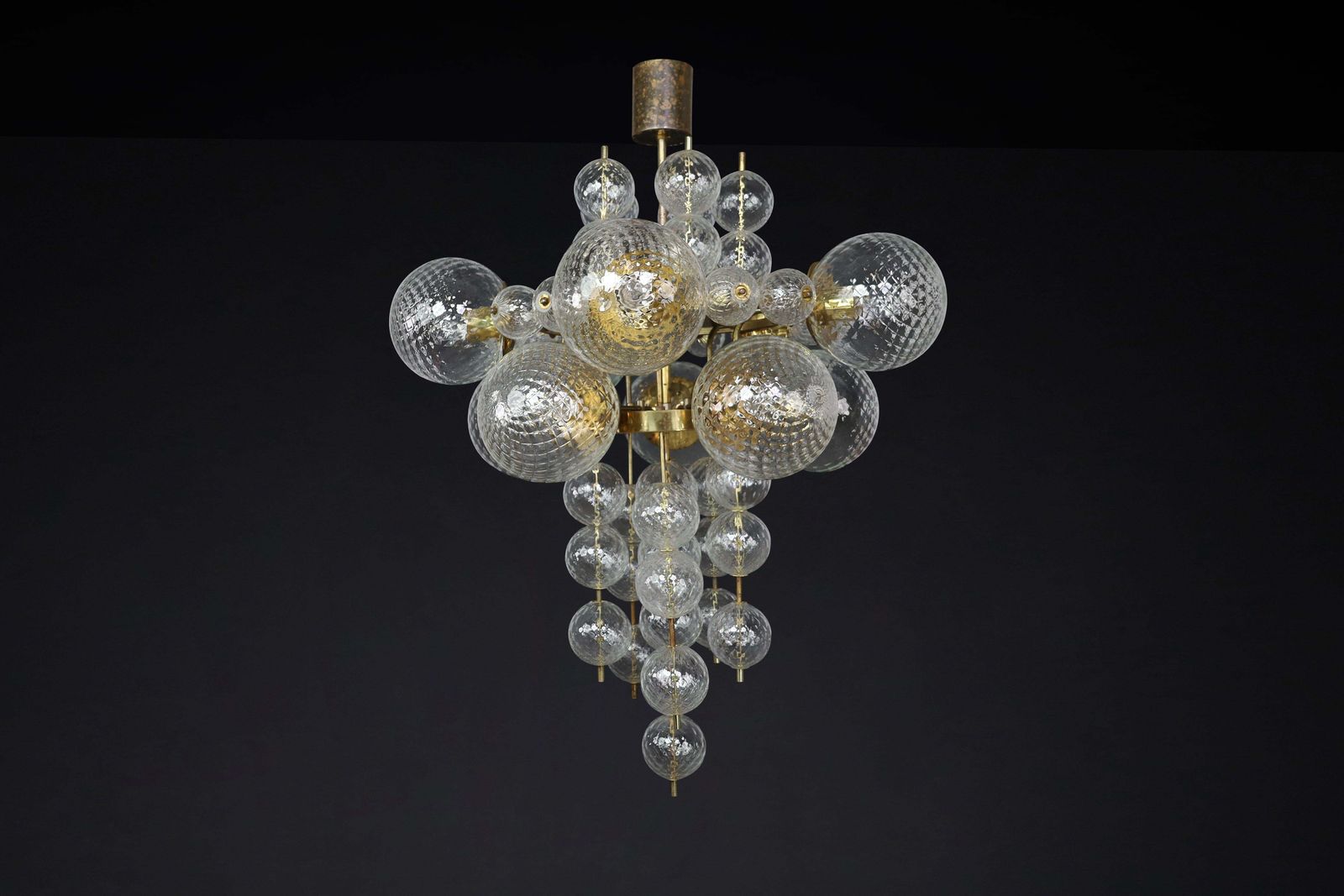 Chandelier With Patinated Brass Fixture And Hand Blowed Glass Globes  Cz 1960s photo vintage