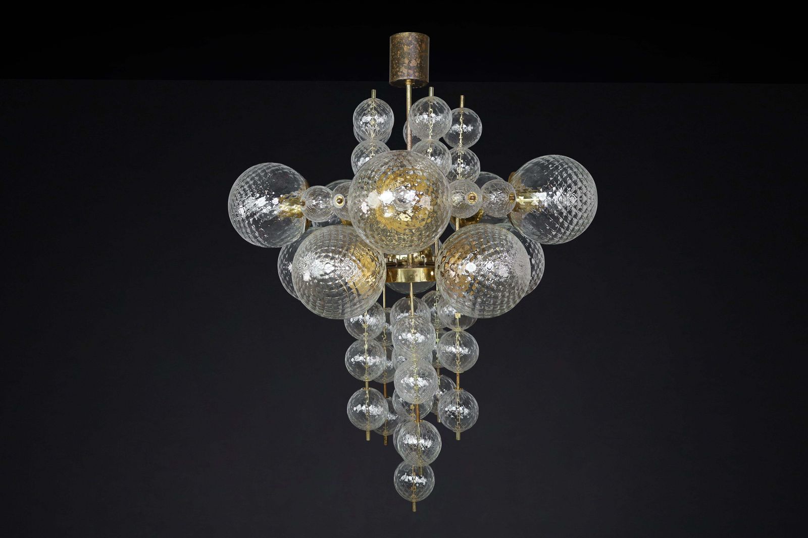 photo furniture Chandelier With Patinated Brass Fixture And Hand Blowed Glass Globes  Cz 1960s