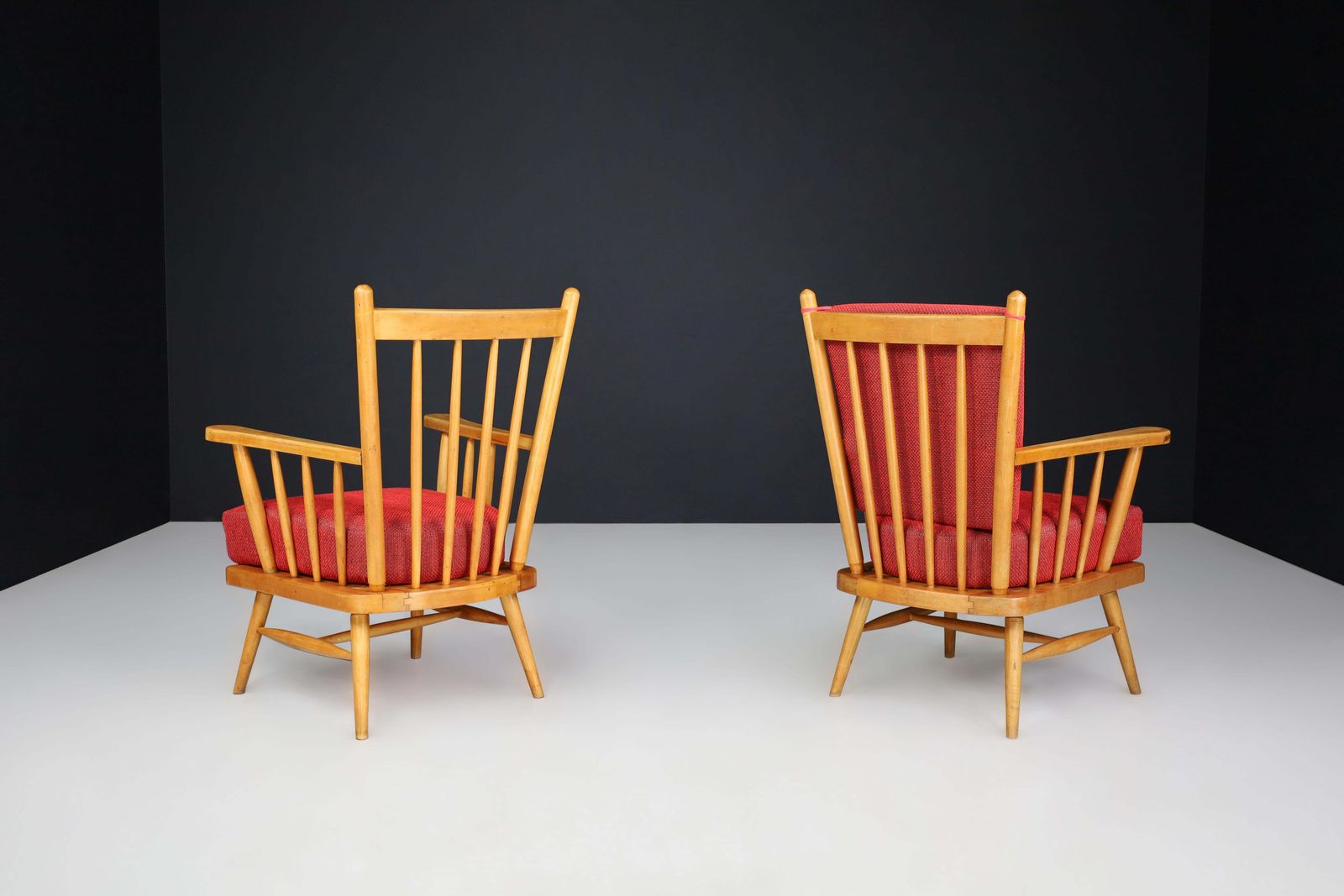 Pair Of Scandinavian Mid Century Modern Lounge Chairs In Beech & Red Upholstery. photo Furniture