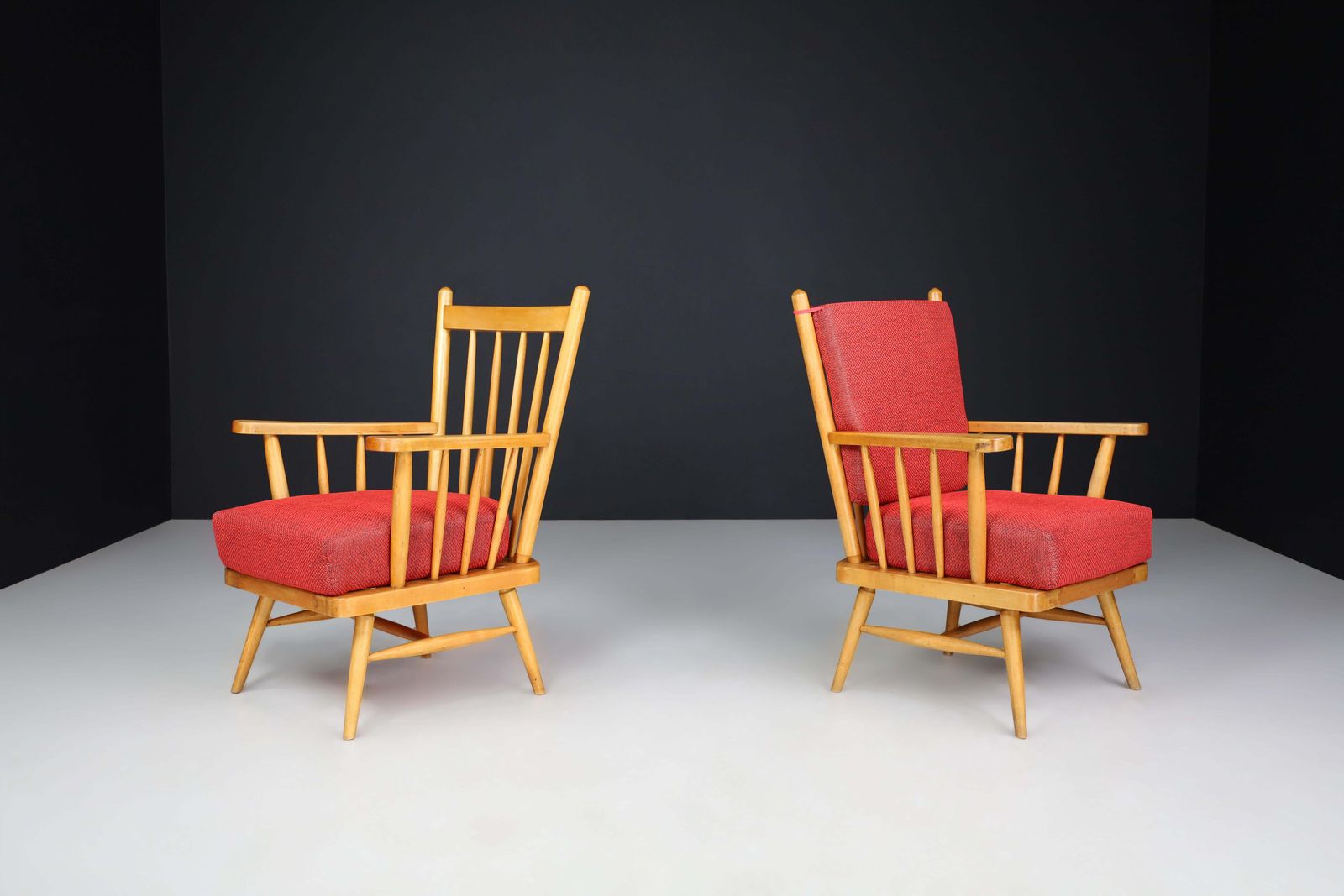 Pair Of Scandinavian Mid Century Modern Lounge Chairs In Beech & Red Upholstery. photo buy