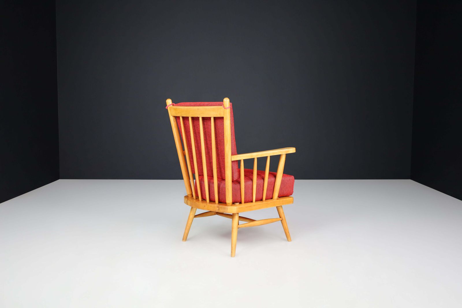 Furniture Pair Of Scandinavian Mid Century Modern Lounge Chairs In Beech & Red Upholstery. photo