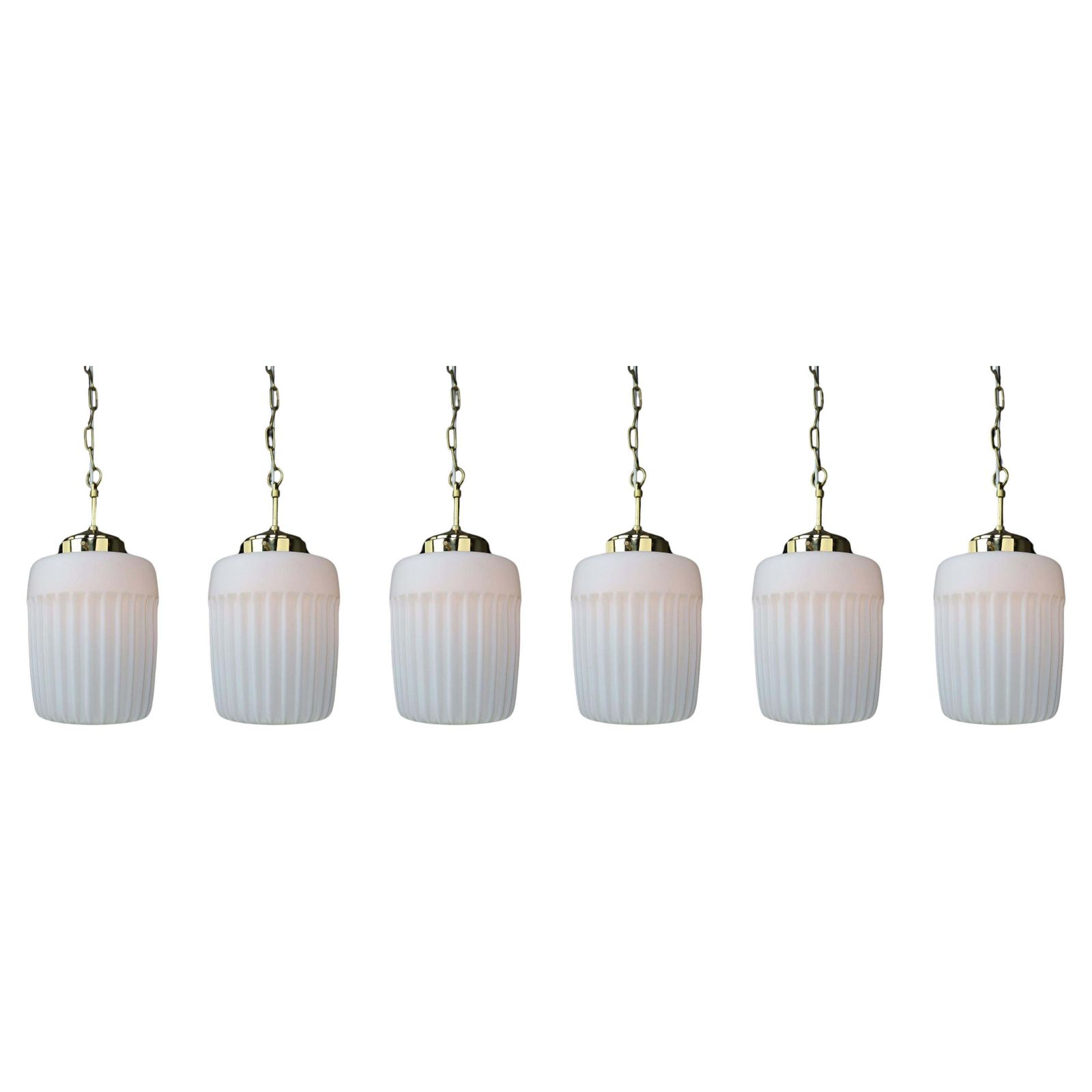 1970s European Mid Century Modern Opaline Glass & Brass Pendant Lights