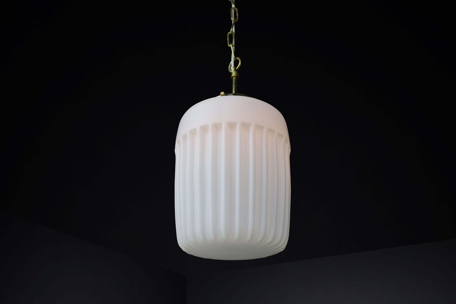 1970s European Mid Century Modern Opaline Glass & Brass Pendant Lights photo for sale