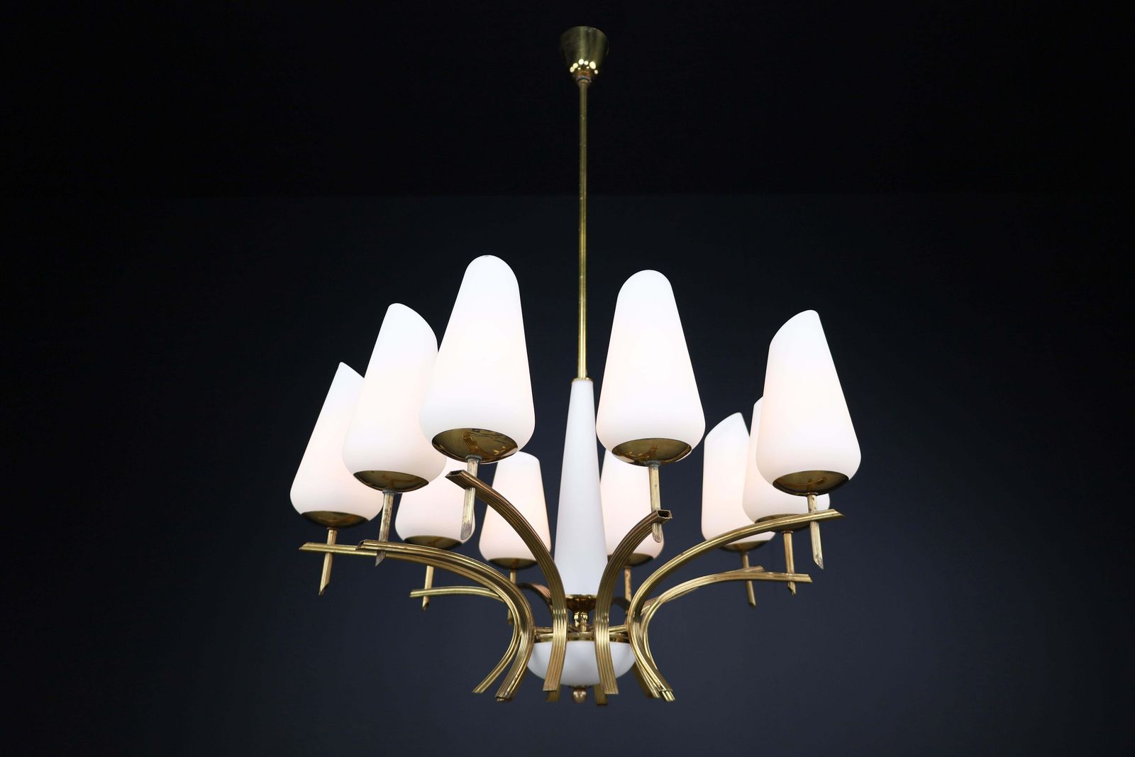 Elegant Mid Century Modern Brass And Opaline Glass Chandelier, France, 1950s photo Lighting