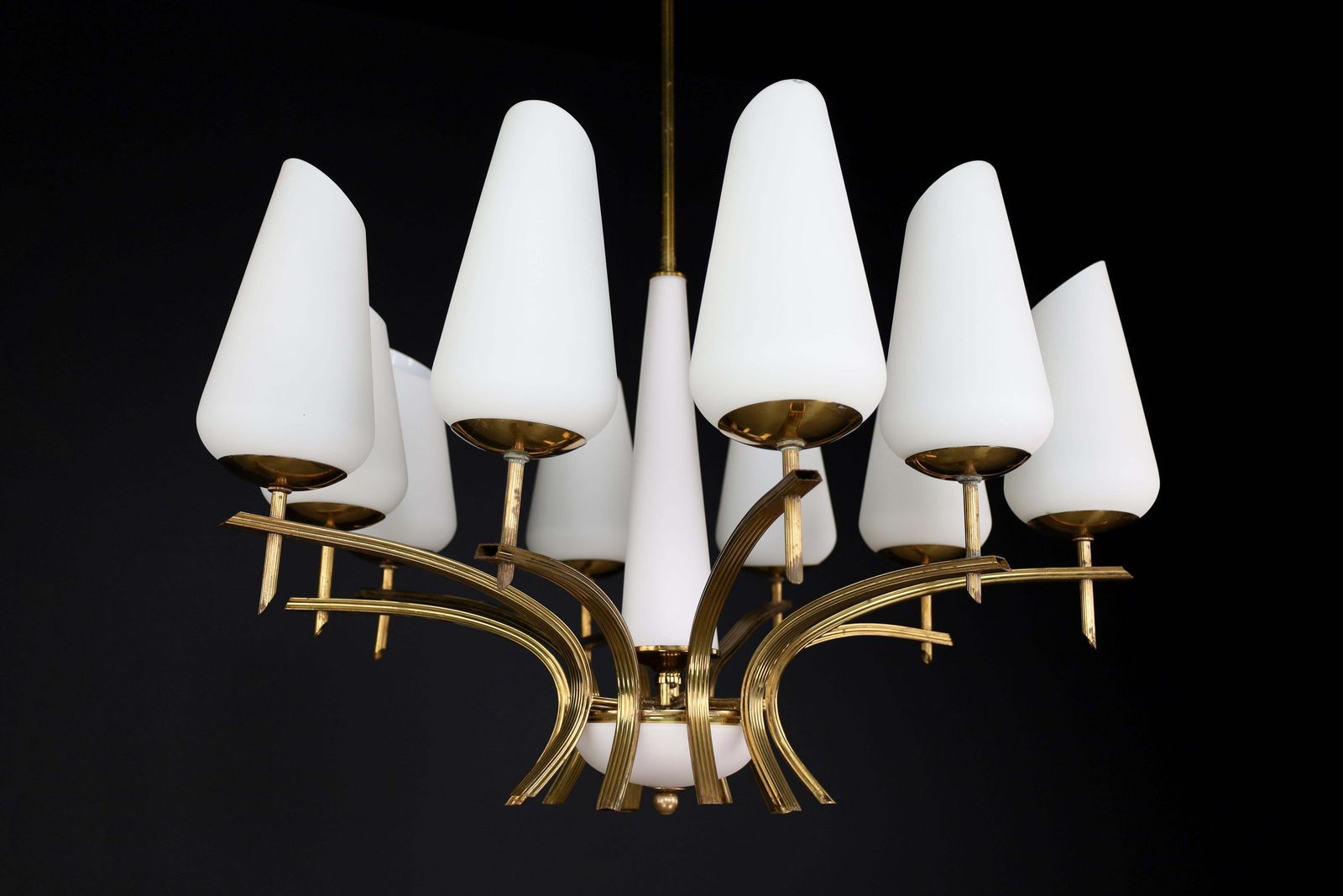 Elegant Mid Century Modern Brass And Opaline Glass Chandelier, France, 1950s photo buy