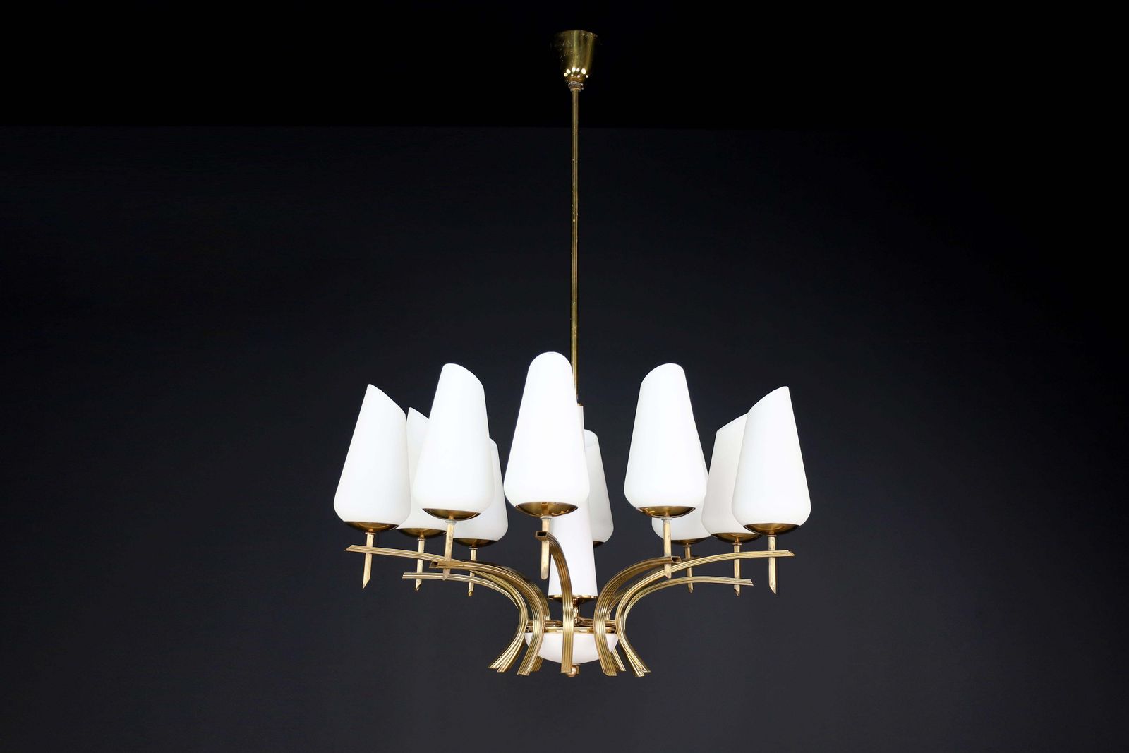 3812.0 Elegant Mid Century Modern Brass And Opaline Glass Chandelier, France, 1950s photo