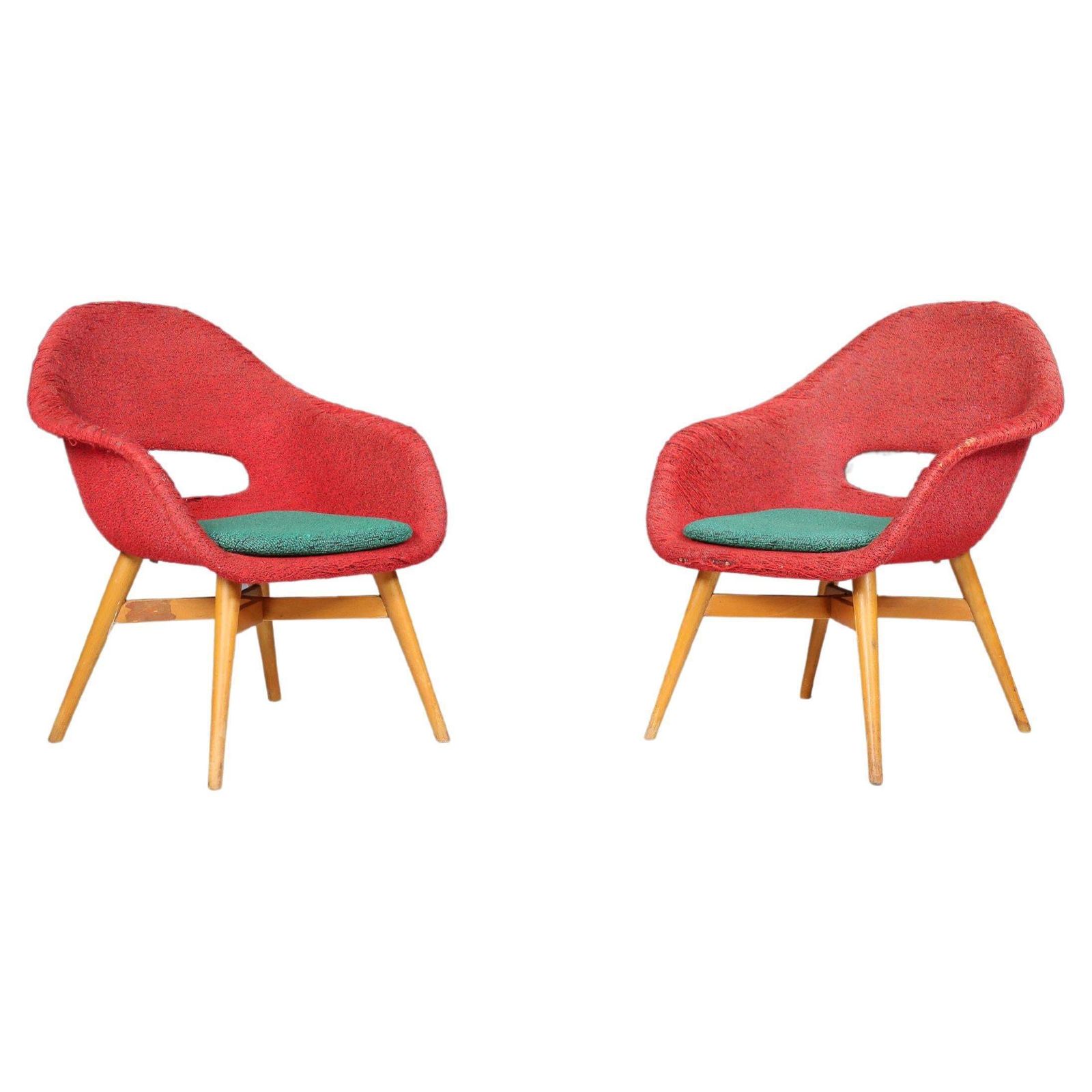 Miroslav Navratil Easy Chairs In Original Red And Green Fabric, 1960.
