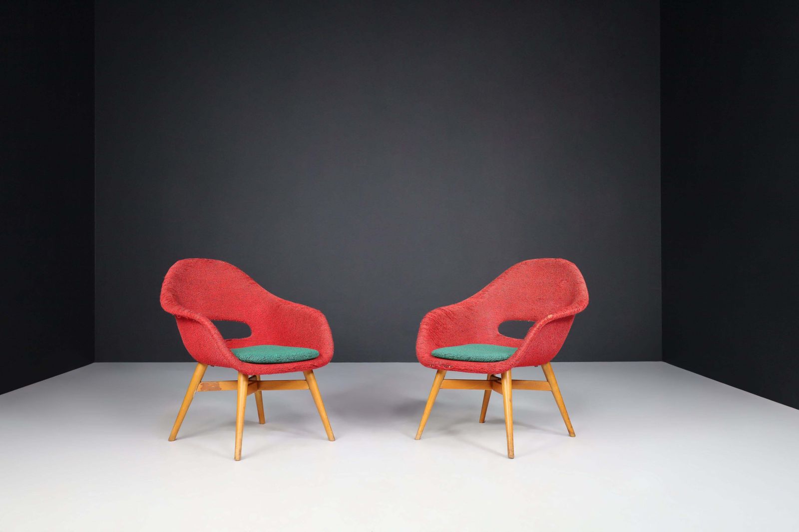 Miroslav Navratil Easy Chairs In Original Red And Green Fabric, 1960. photo furniture