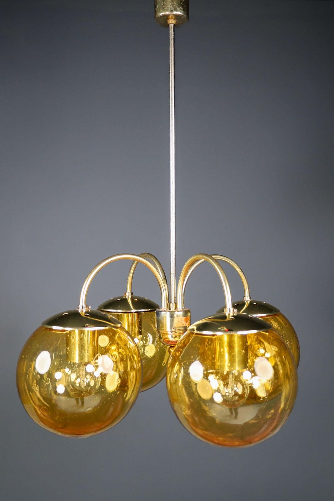 Large Chandelier In Amber Hand Blown Colored Glass Globes & Brass, Europe, 1970s photo vintage