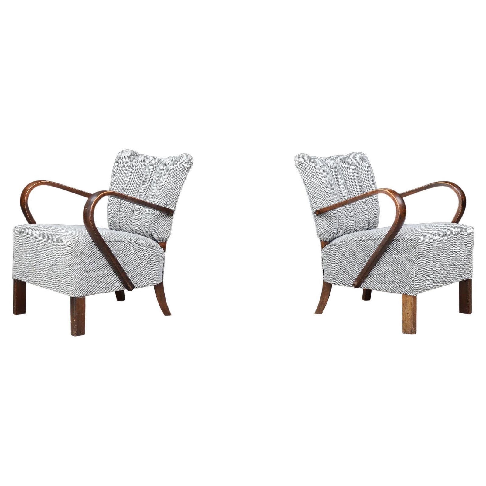 Jindrich Halabala Re Upholstered Patinated Bentwood Lounge Chairs From The 1930s