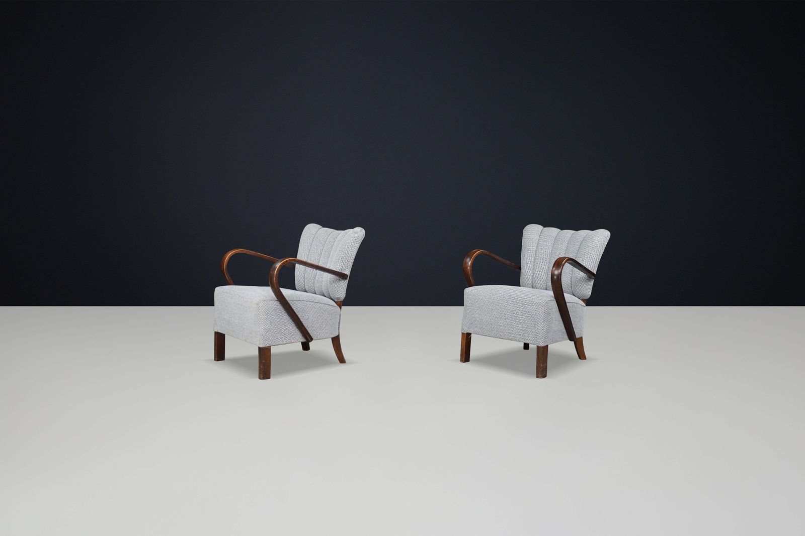 Jindrich Halabala Re Upholstered Patinated Bentwood Lounge Chairs From The 1930s photo vintage