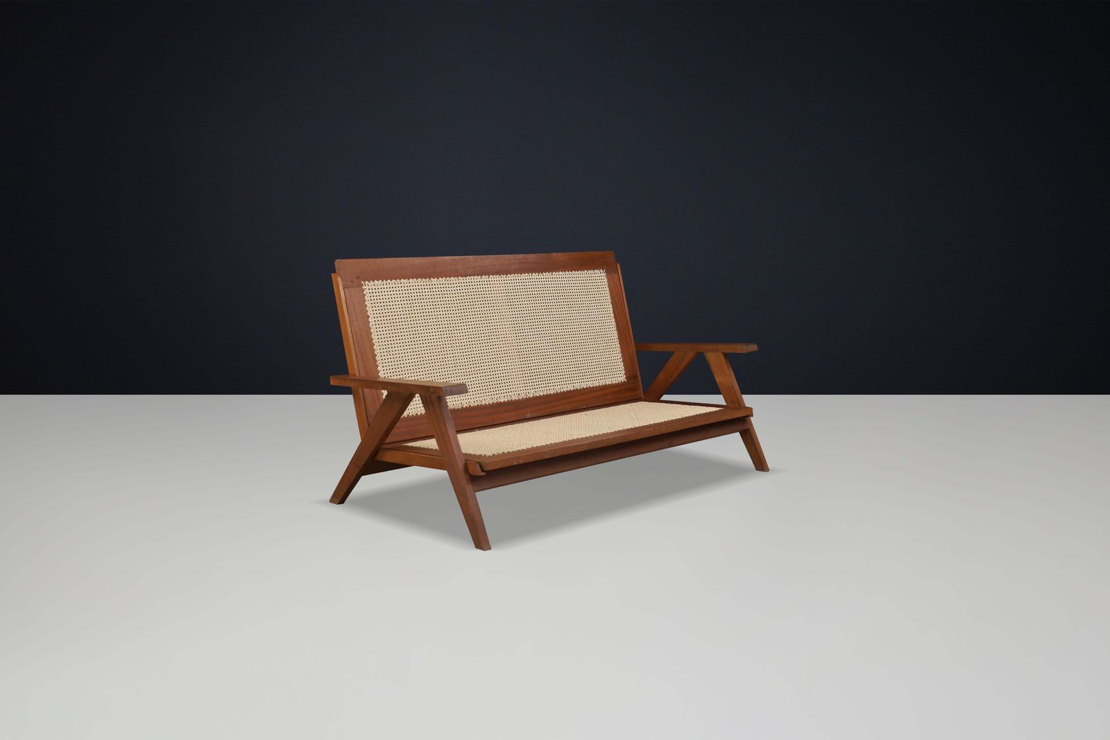 photo for sale Rare 1950s French Teak And Cane Sofa – Mid Century Modern