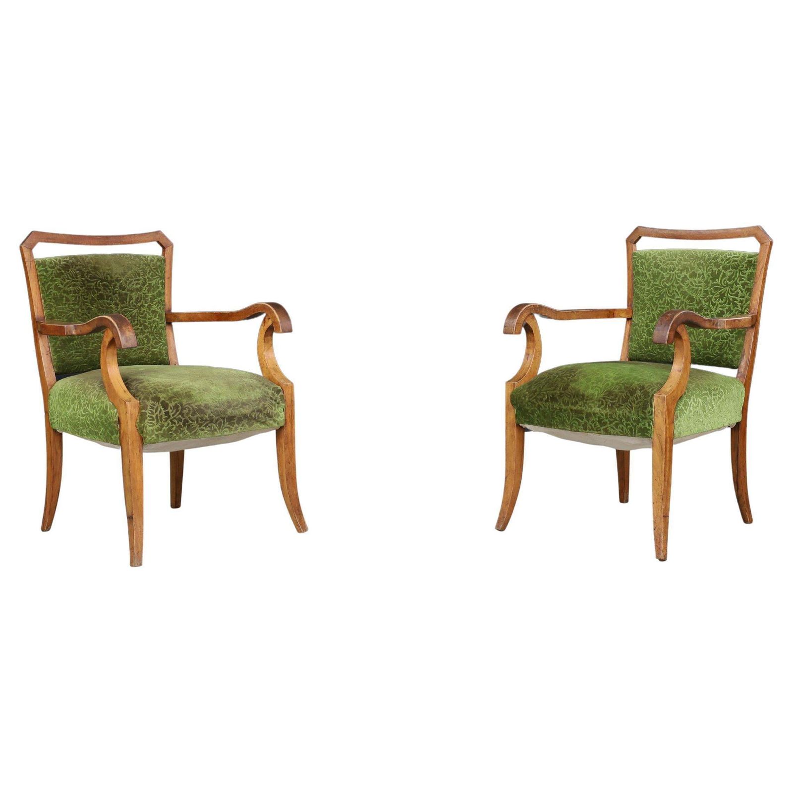 Sculptural Walnut Art Deco Armchairs With Original Green Floral Upholstery Italy