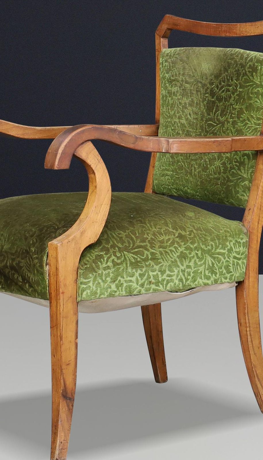 photo furniture Sculptural Walnut Art Deco Armchairs With Original Green Floral Upholstery Italy