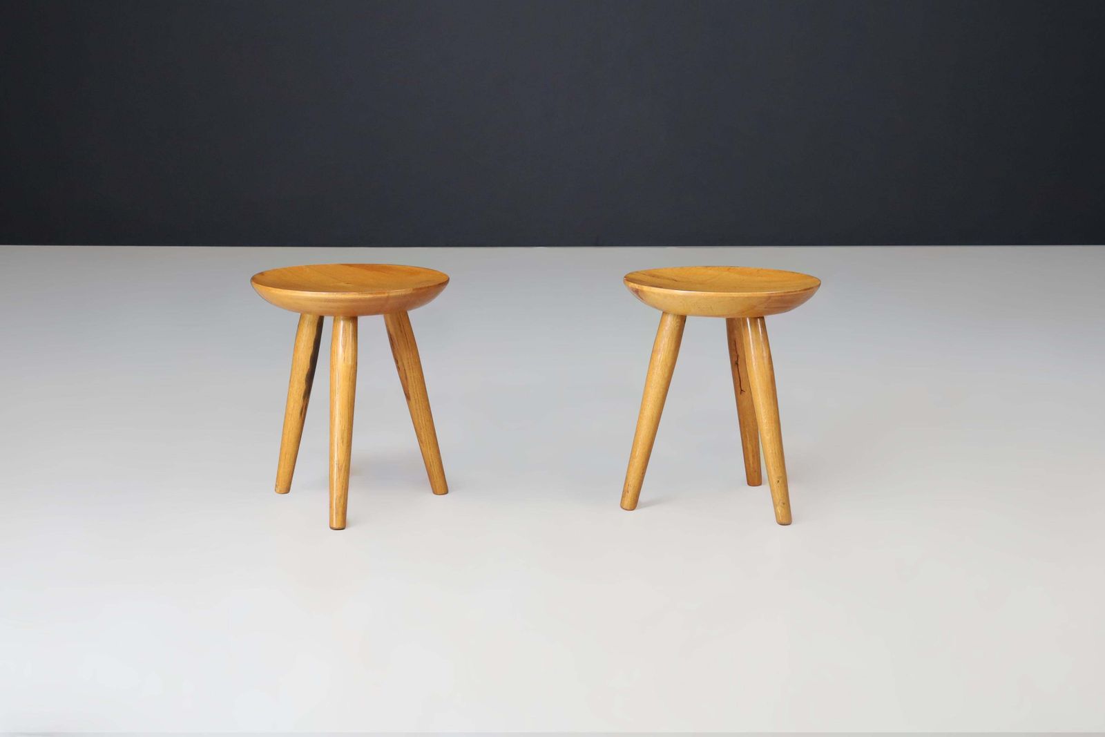 Pair Of French Mid Century Elm Wood Tabourets – France, 1950s photo for sale