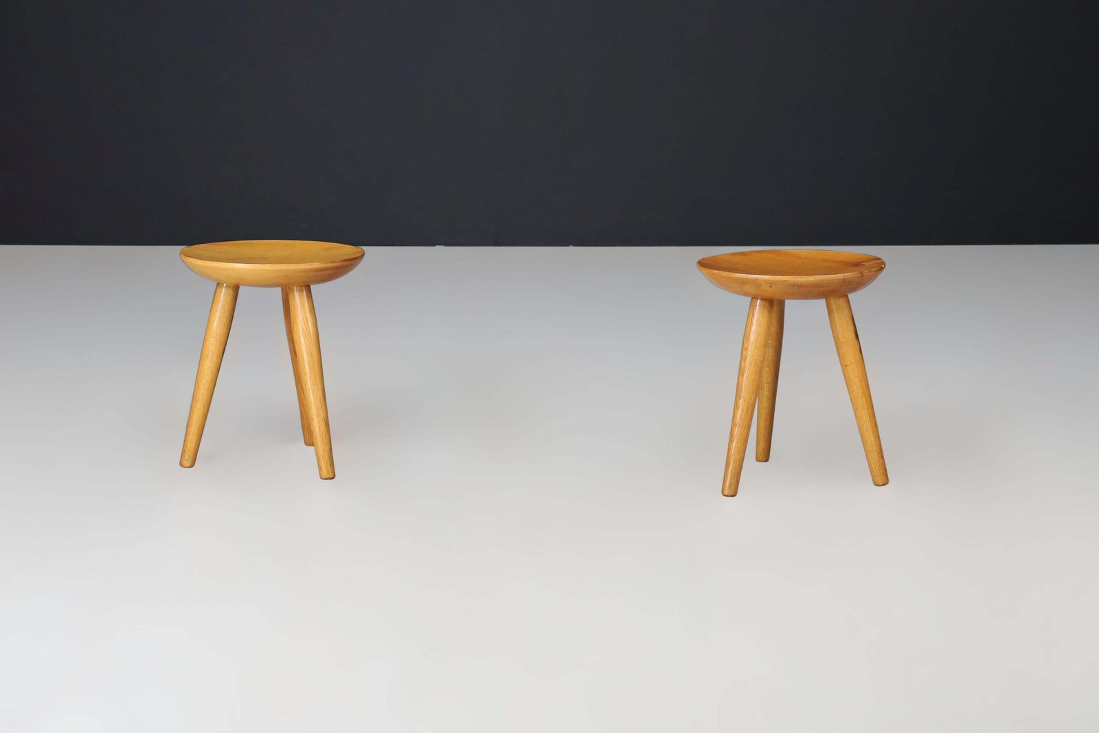 photo for sale Pair Of French Mid Century Elm Wood Tabourets – France, 1950s