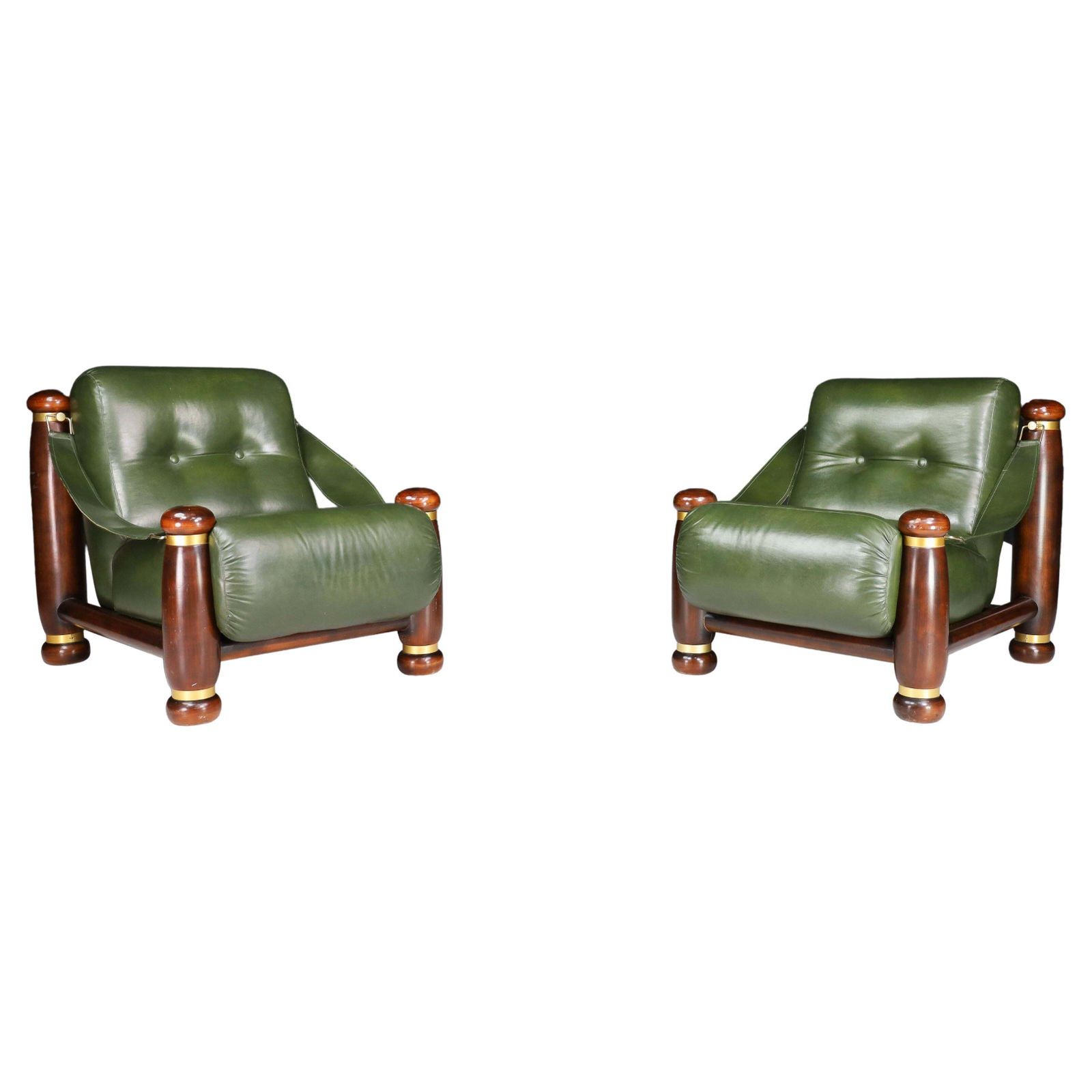 Walnut, Brass, And Green Leather Lounge Chairs From, Italy, 1960s