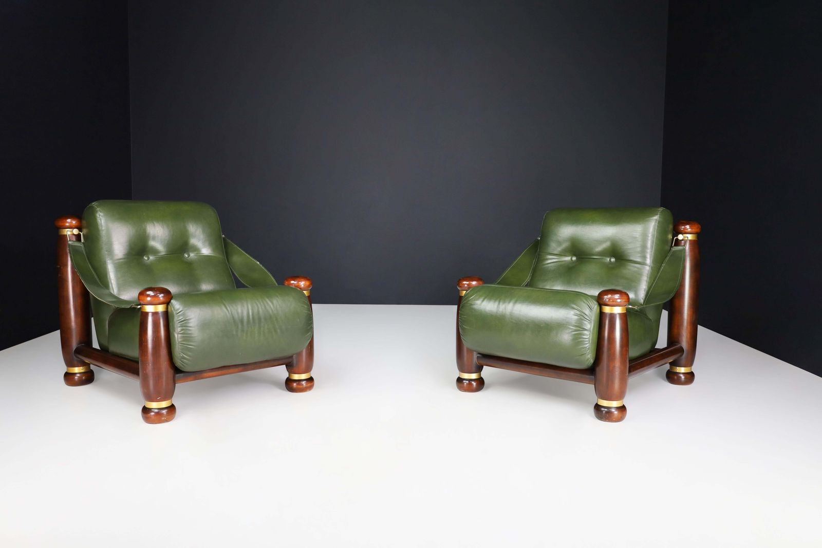 Walnut, Brass, And Green Leather Lounge Chairs From, Italy, 1960s photo vinterior