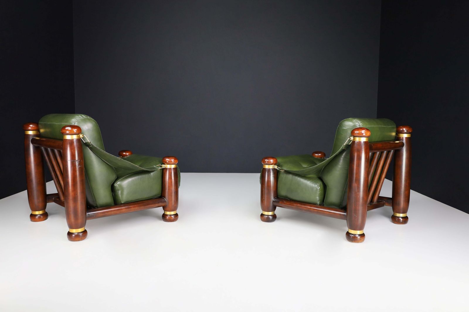 photo for sale Walnut, Brass, And Green Leather Lounge Chairs From, Italy, 1960s