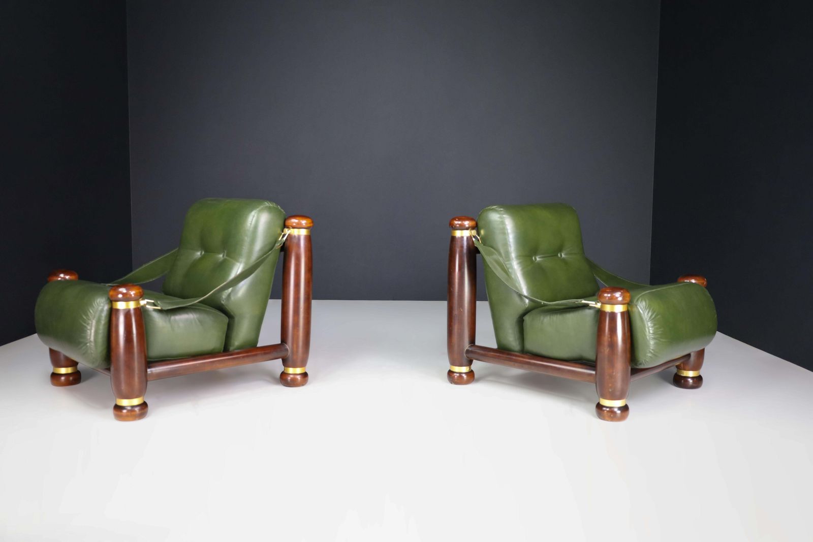 4405.0 Walnut, Brass, And Green Leather Lounge Chairs From, Italy, 1960s photo