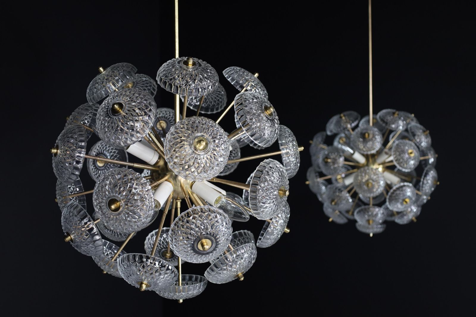 Mid Century Modern Brass Floral Glass And Brass Chandelier,  Europe, 1960s photo for sale