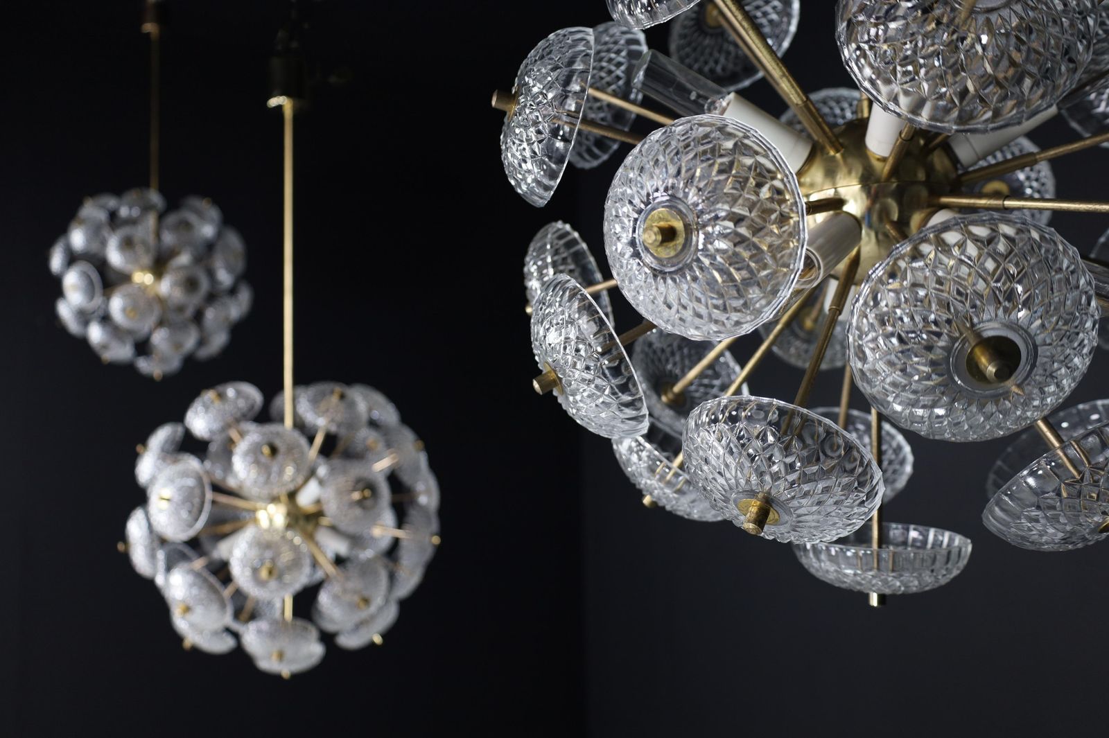 photo furniture Mid Century Modern Brass Floral Glass And Brass Chandelier,  Europe, 1960s