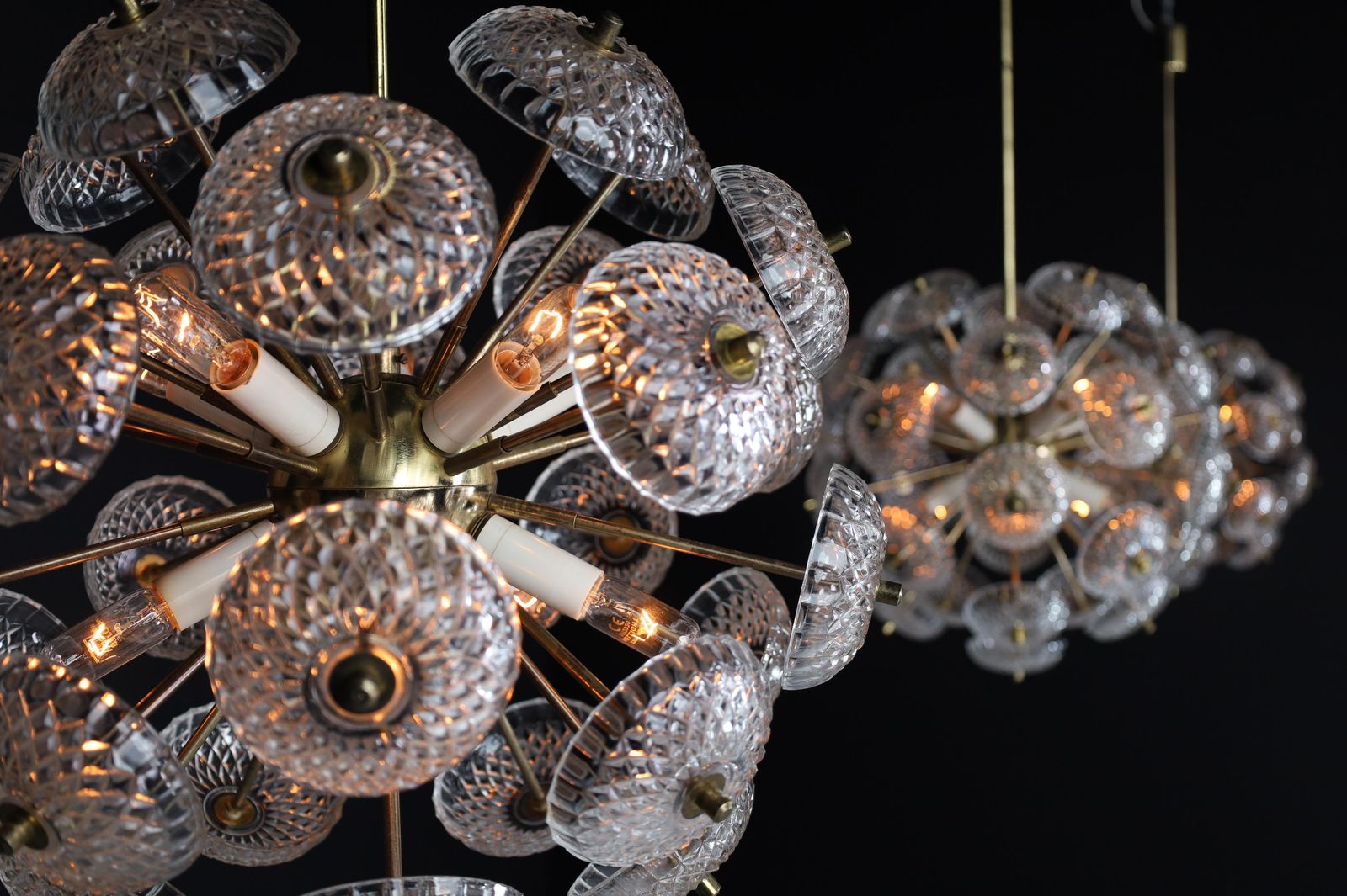 Lighting Mid Century Modern Brass Floral Glass And Brass Chandelier,  Europe, 1960s photo