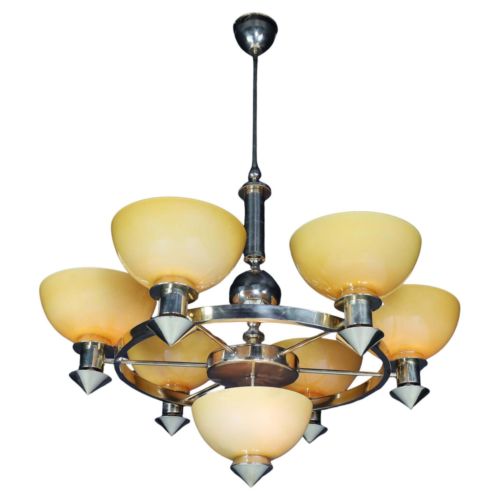 Sculptural Italian Xl Chandelier, Brass & Amber Gold Opaline Glass, 1970s