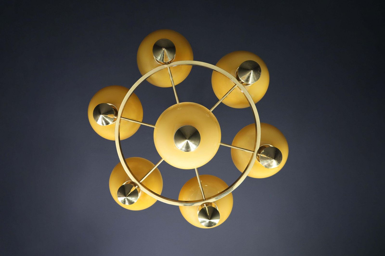 photo furniture Sculptural Italian Xl Chandelier, Brass & Amber Gold Opaline Glass, 1970s