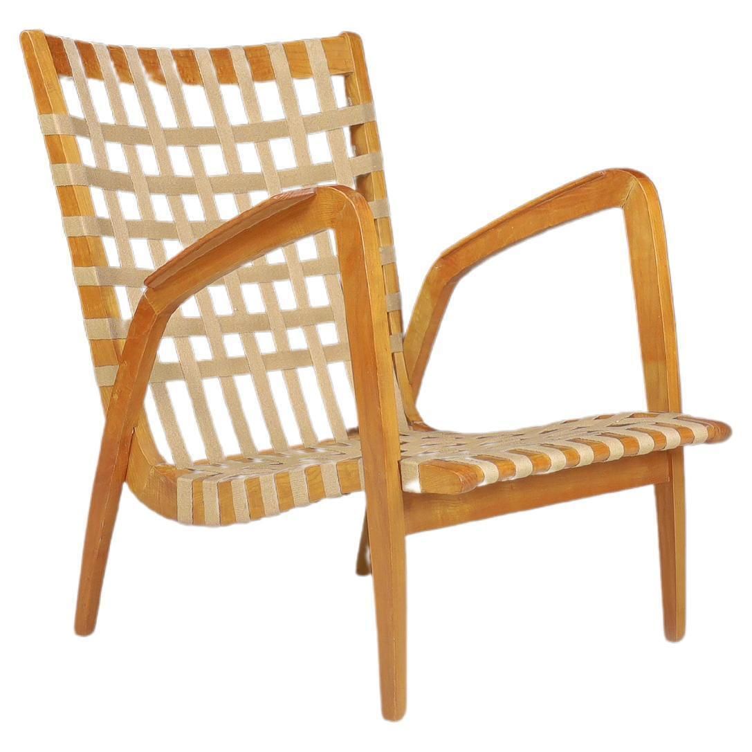 Jan Vanek Curved Easy Chair In Oak And Woven Canvas Straps, Praque 1930s