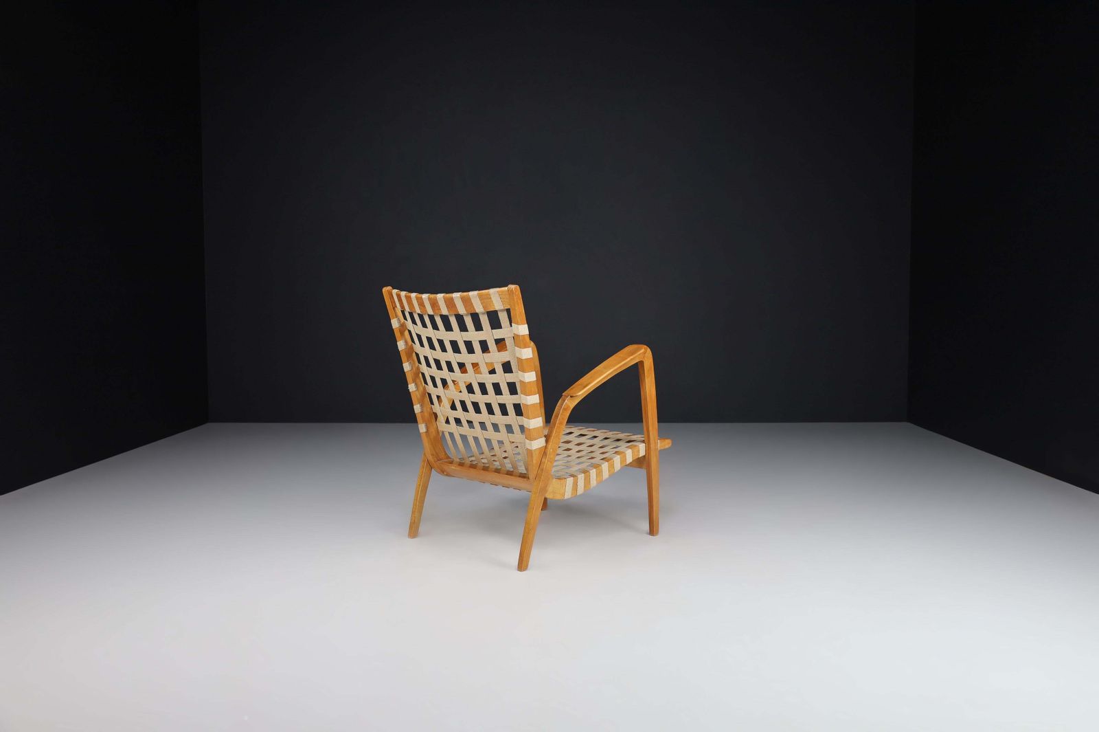 Jan Vanek Curved Easy Chair In Oak And Woven Canvas Straps, Praque 1930s photo Furniture