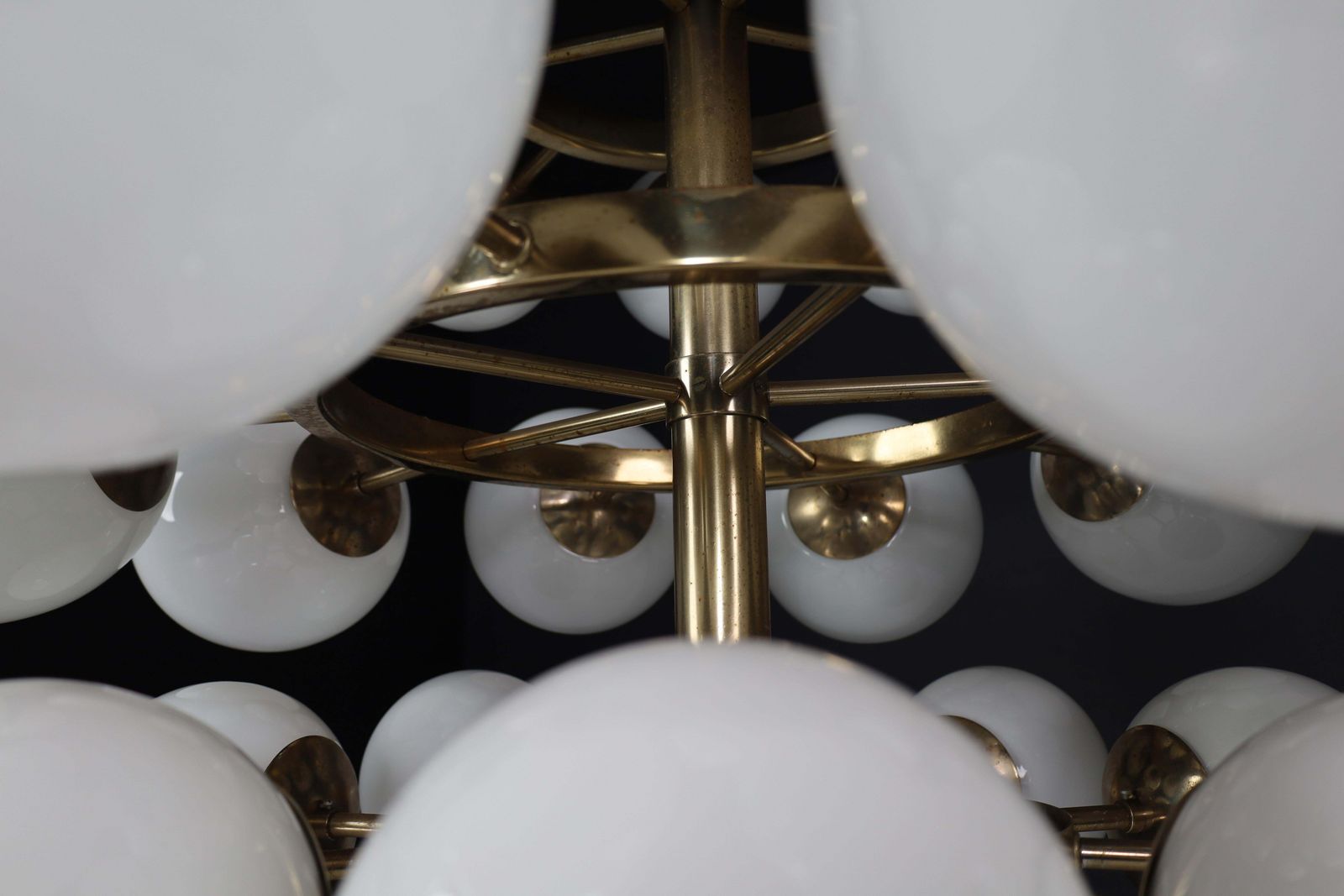 Mid Century Modernist Chandelier With 30 Handblown Opaline Glass Globes photo vintage