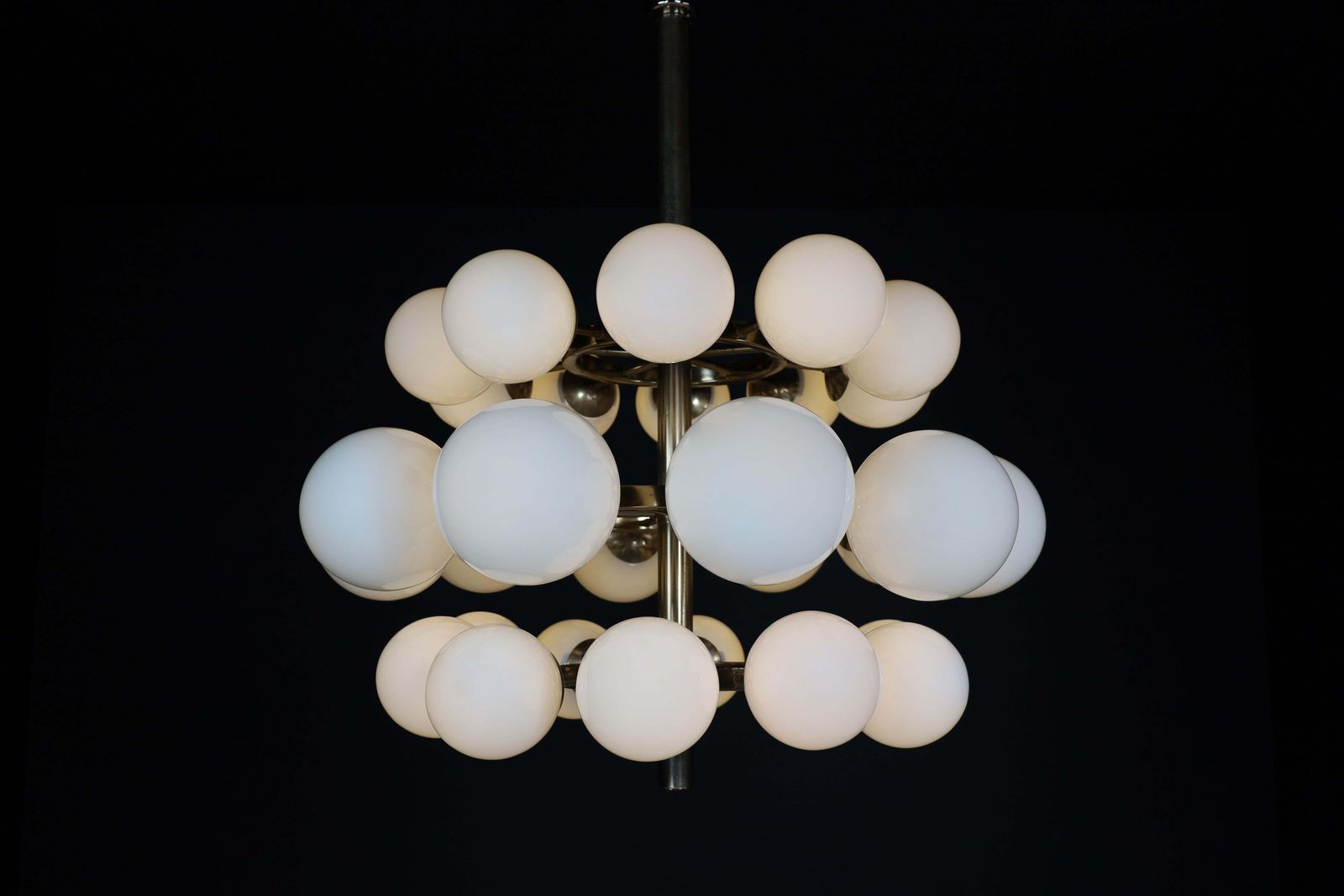 photo for sale Mid Century Modernist Chandelier With 30 Handblown Opaline Glass Globes