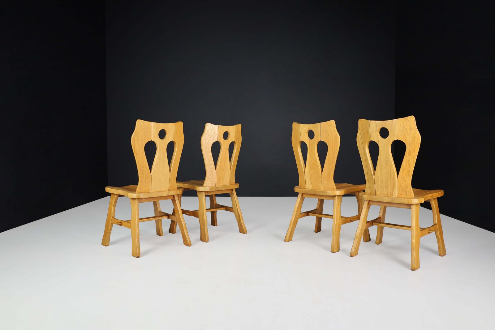 Set Of Four Brutalist Chairs In Blond Oak, Belgium, 1960s photo for sale