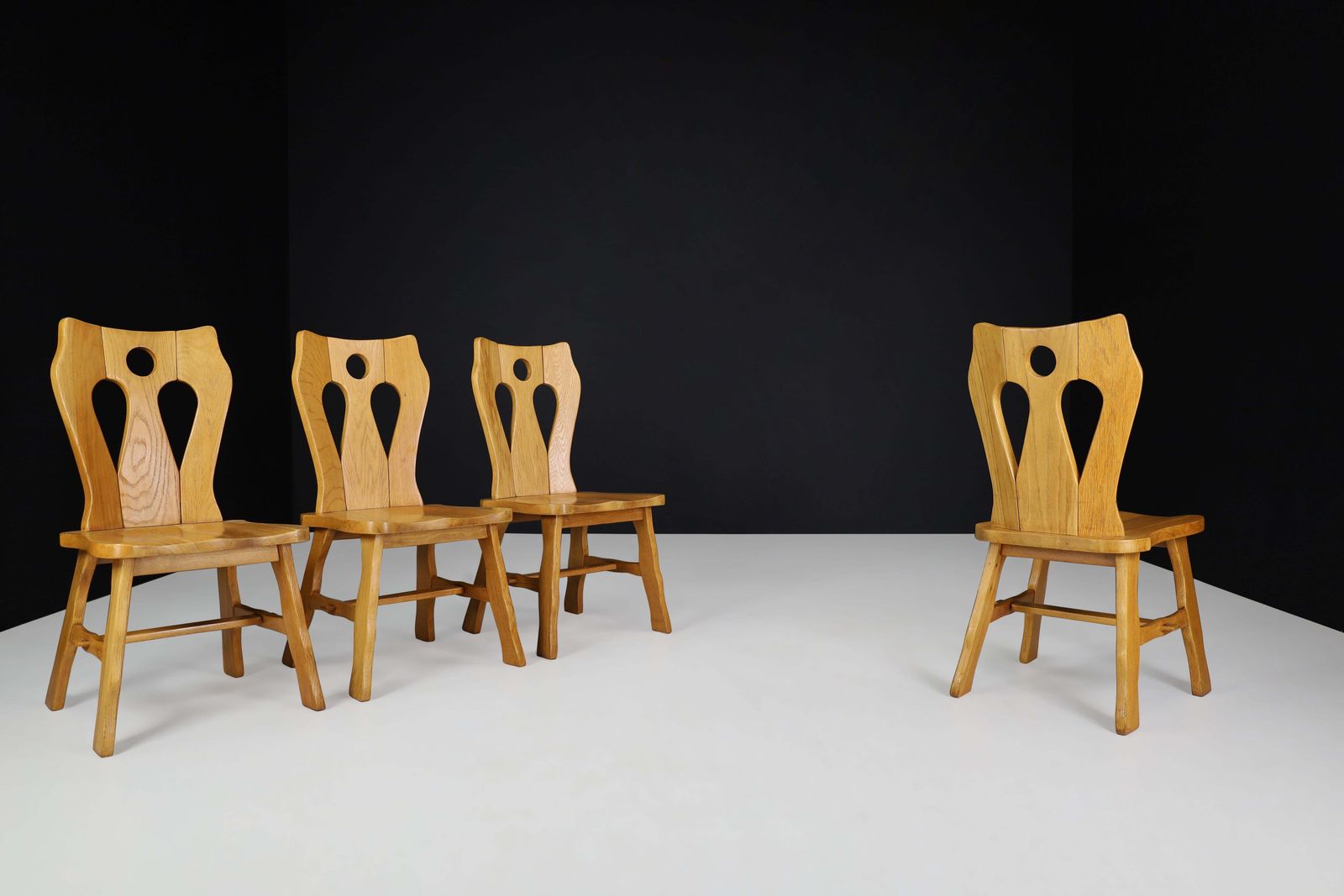 Set Of Four Brutalist Chairs In Blond Oak, Belgium, 1960s photo Furniture