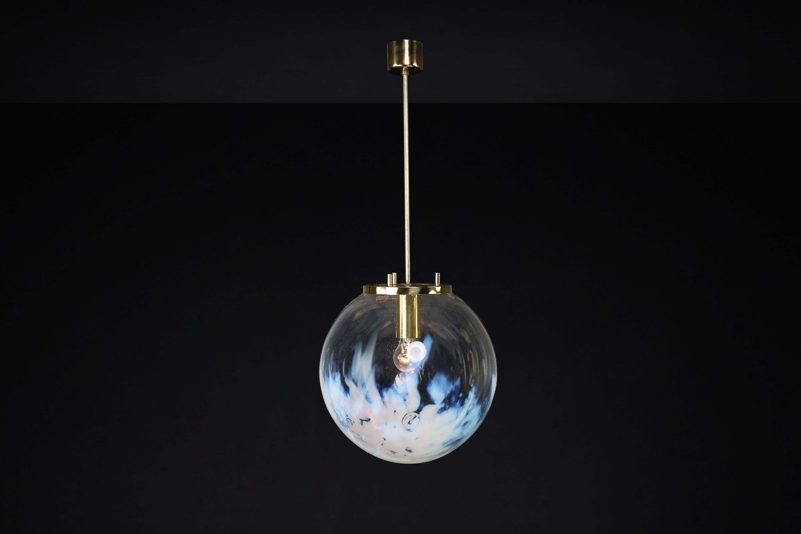 Mid Century Modern Pendant In Brass And Art Glass With White Streaks, Cz 1970s photo vinterior