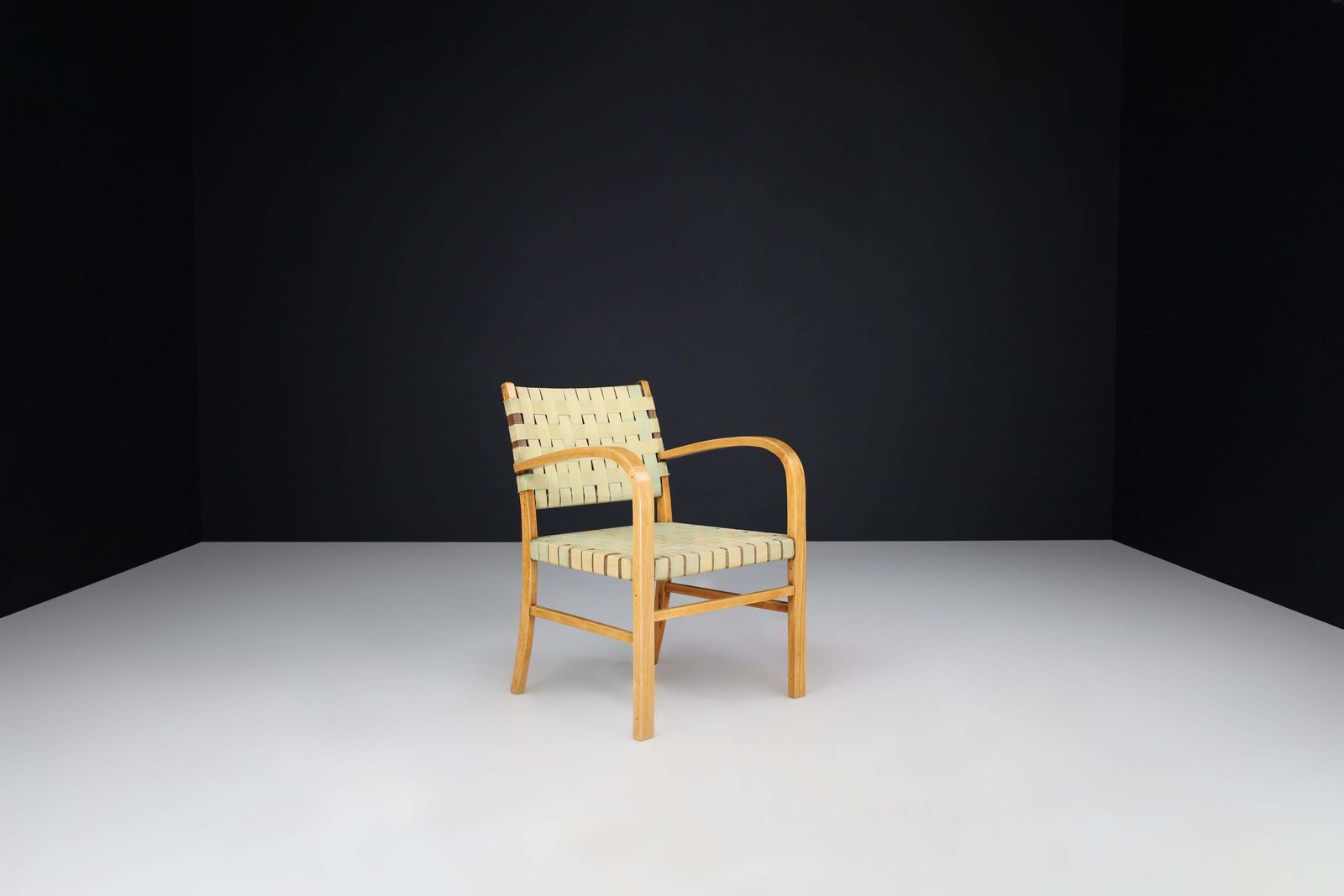 Mid Century Modern Armchair In Beech And Patinated Canvas Webbing, France, 1950s photo furniture