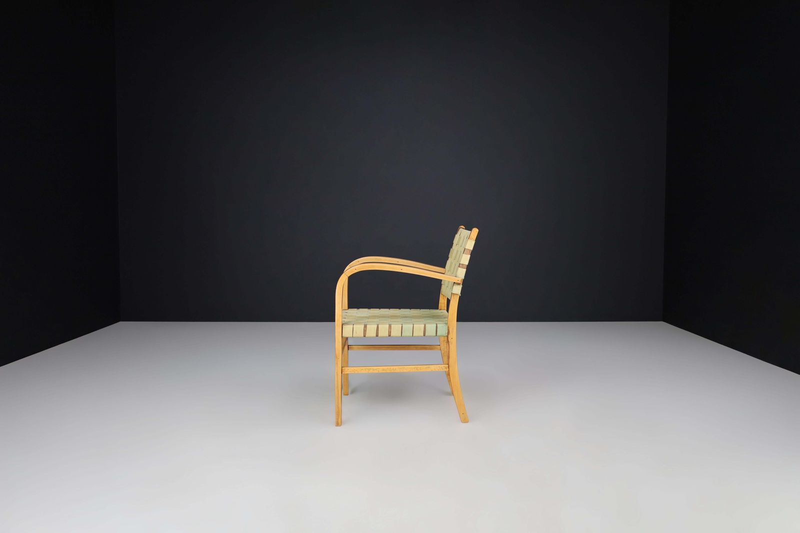 Mid Century Modern Armchair In Beech And Patinated Canvas Webbing, France, 1950s photo vinterior