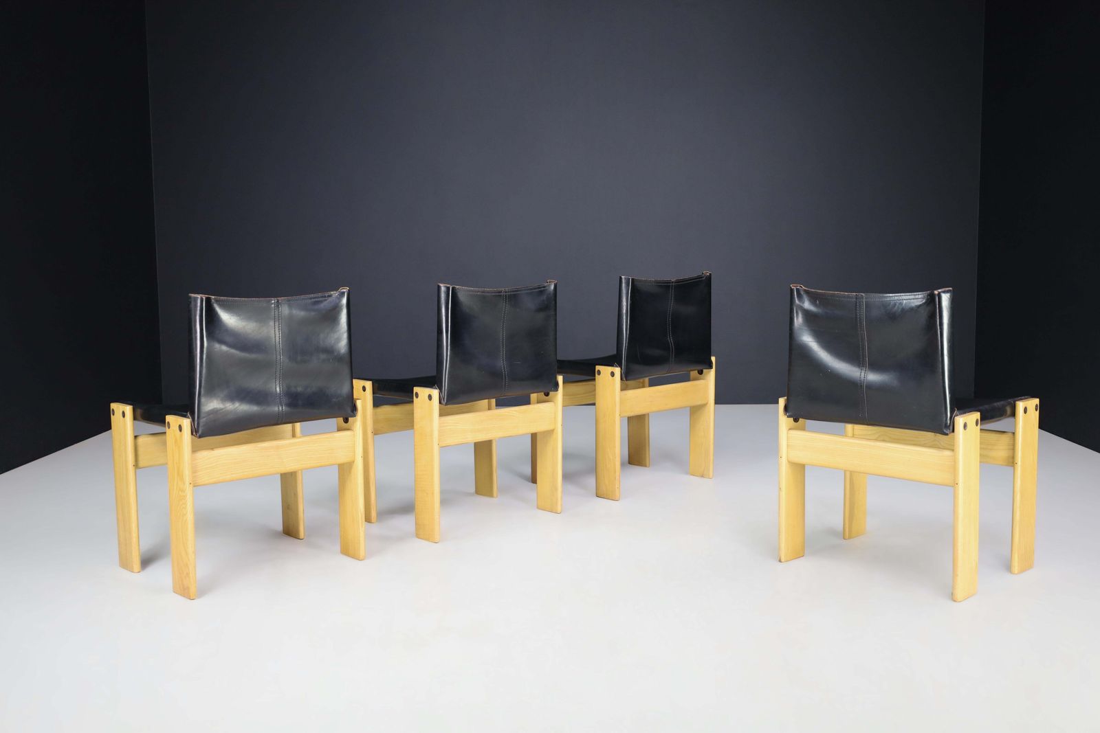 Afra & Tobia Scarpa Black Leather "Monk" Dining Room Chairs For Molteni Set Of 4 photo 11207.0
