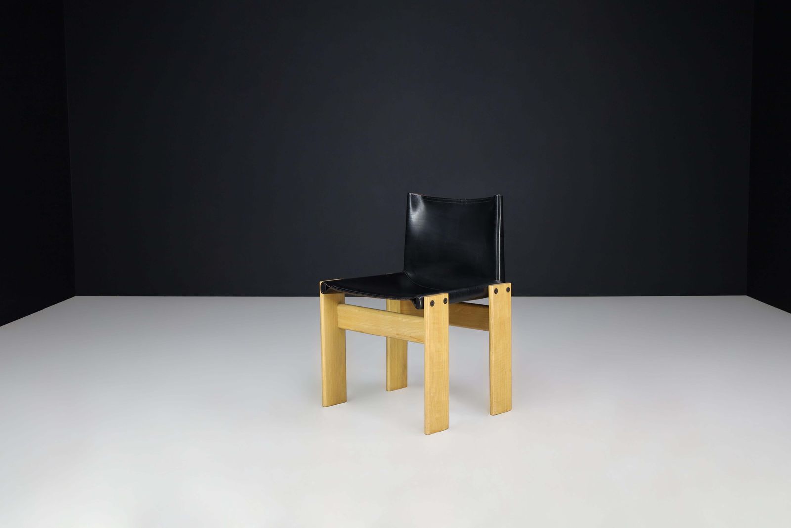 photo buy Afra & Tobia Scarpa Black Leather "Monk" Dining Room Chairs For Molteni Set Of 4