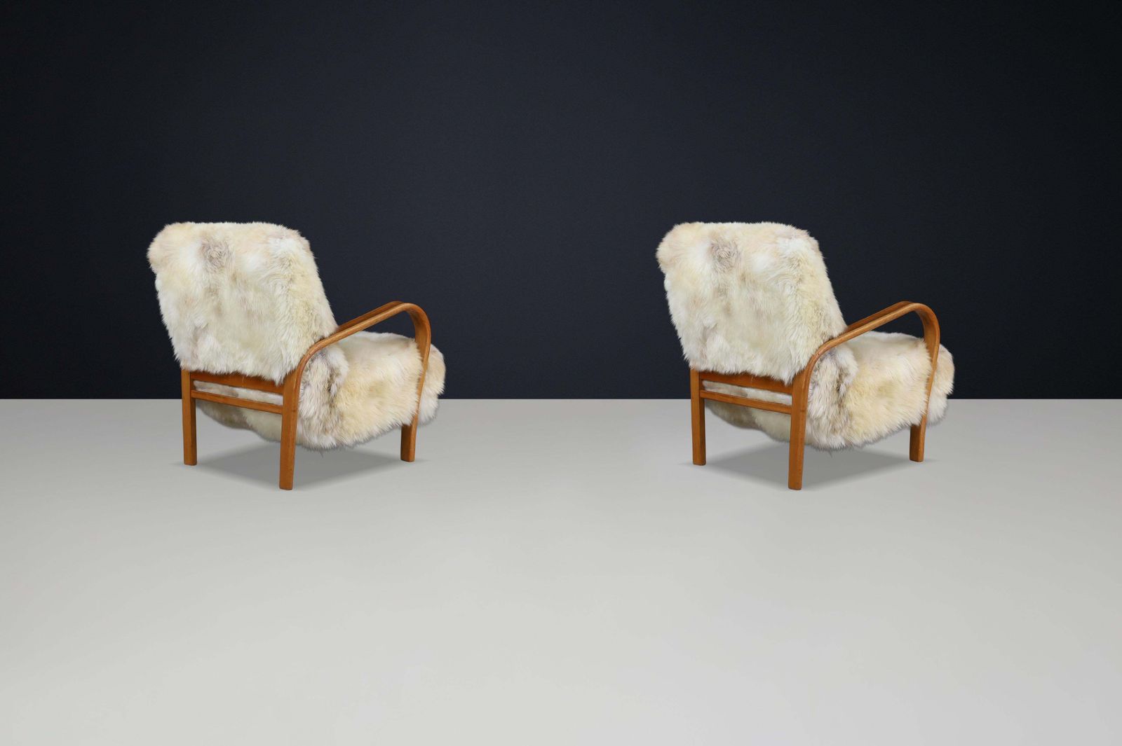 Patinated Bentwood Lounge Chairs By Kozelka & Kropacek In Texel Sheepskin photo for sale
