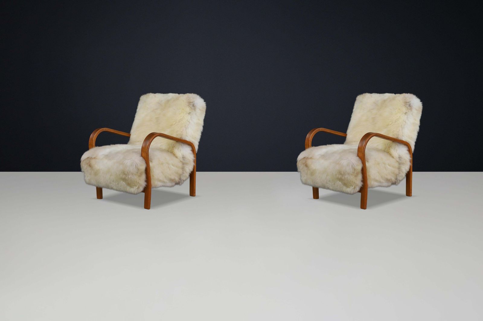 Patinated Bentwood Lounge Chairs By Kozelka & Kropacek In Texel Sheepskin photo vintage