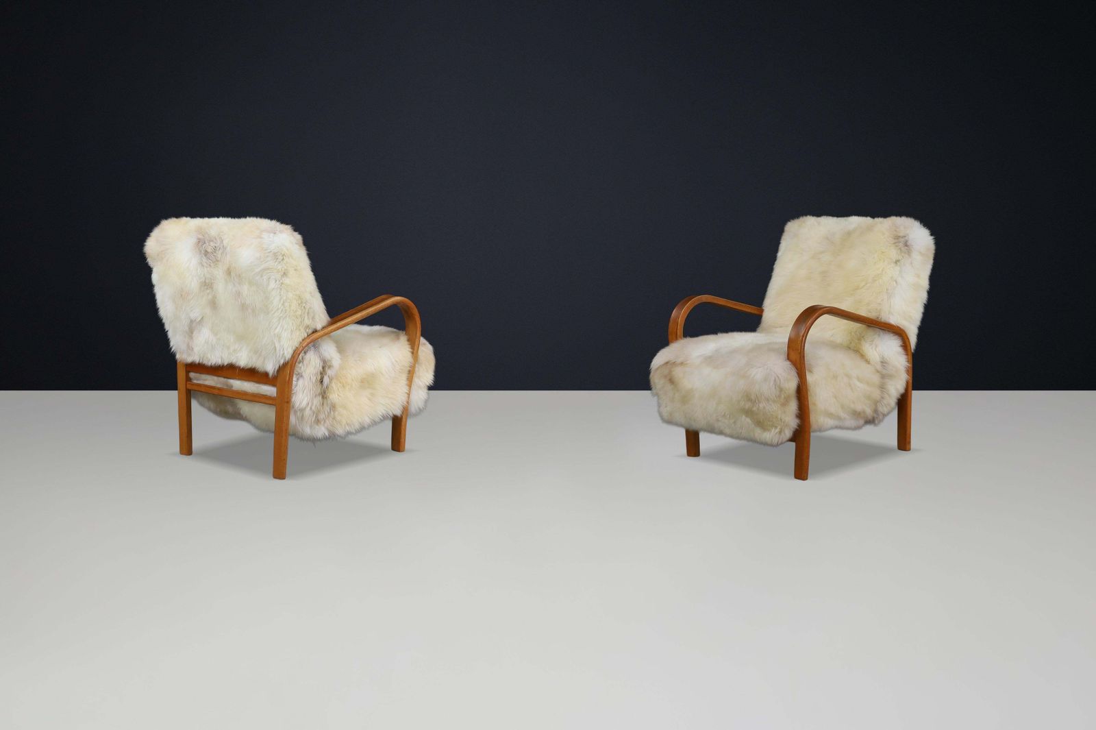 photo for sale Patinated Bentwood Lounge Chairs By Kozelka & Kropacek In Texel Sheepskin