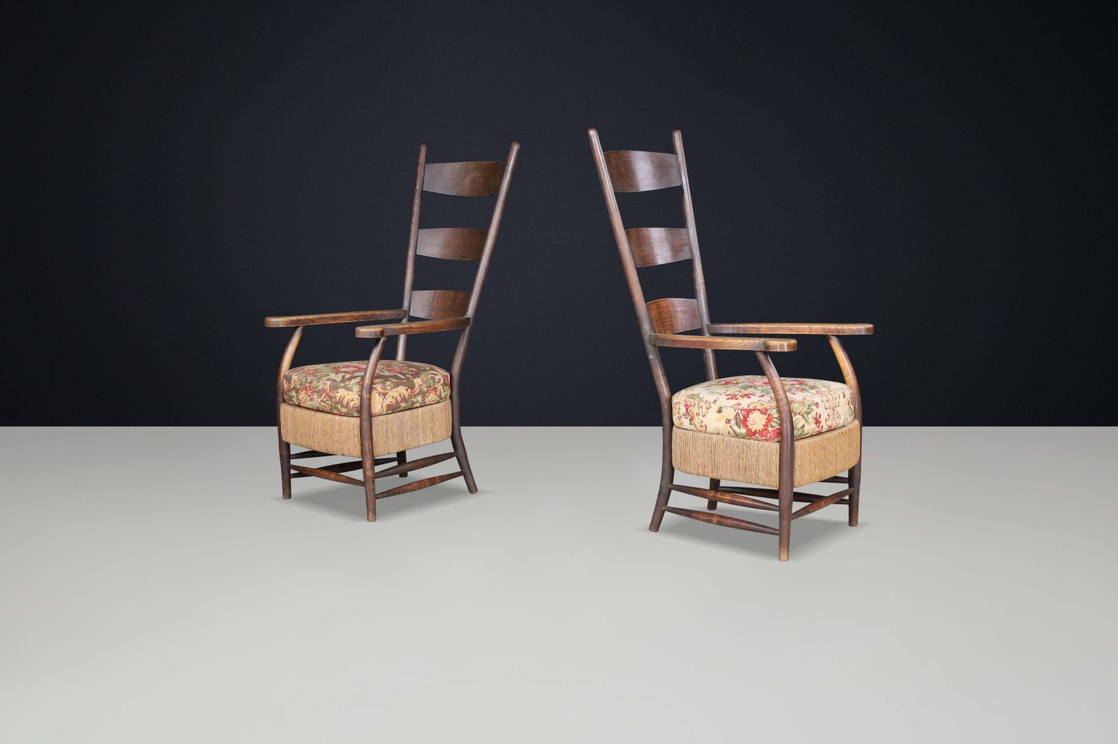 French Provincial Highback Armchairs In Oak Rope & Floral Upholstery, France'30s photo furniture