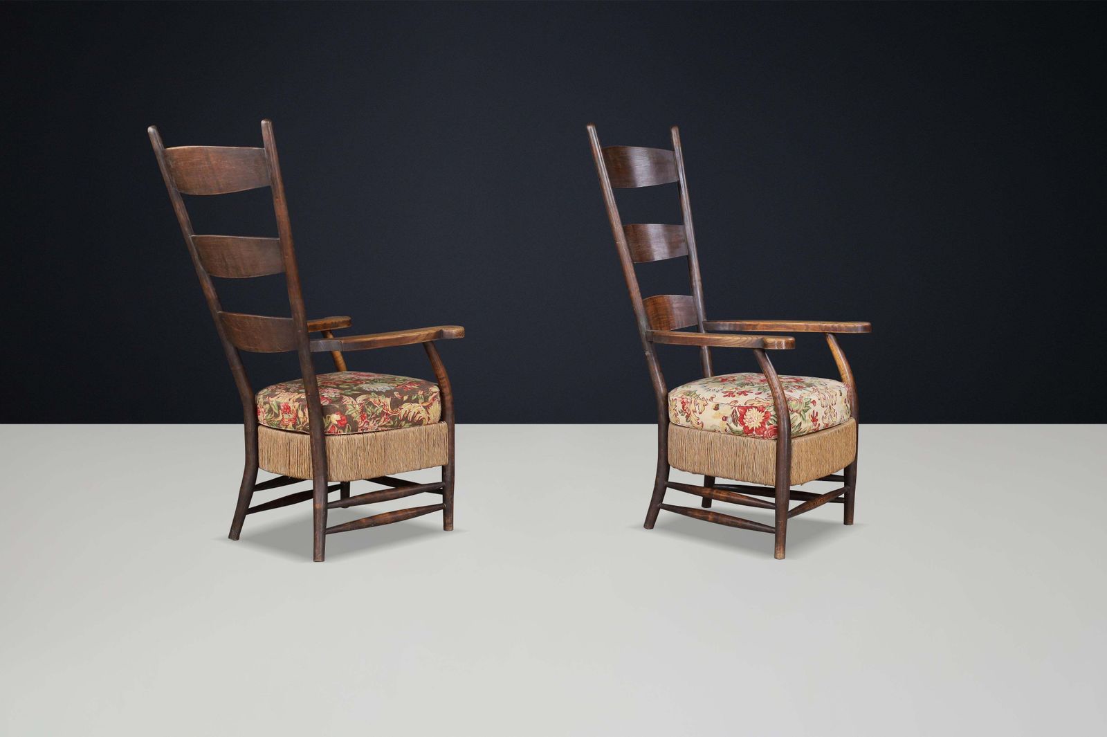 French Provincial Highback Armchairs In Oak Rope & Floral Upholstery, France'30s photo 6405.0
