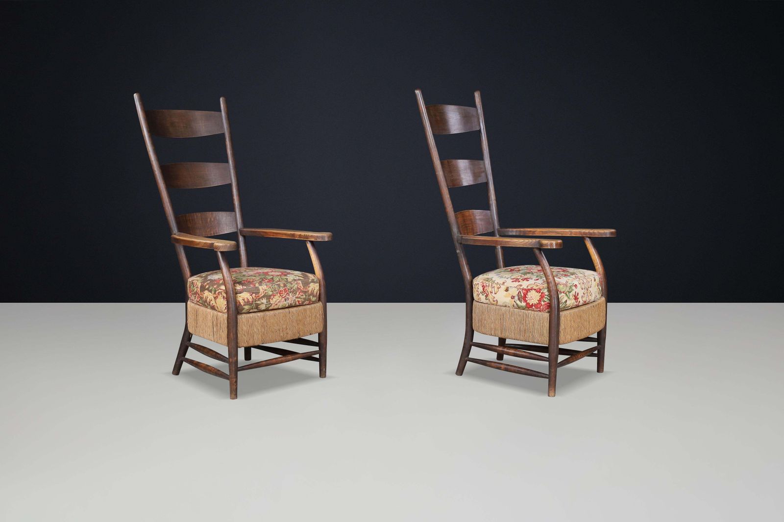 French Provincial Highback Armchairs In Oak Rope & Floral Upholstery, France'30s photo buy