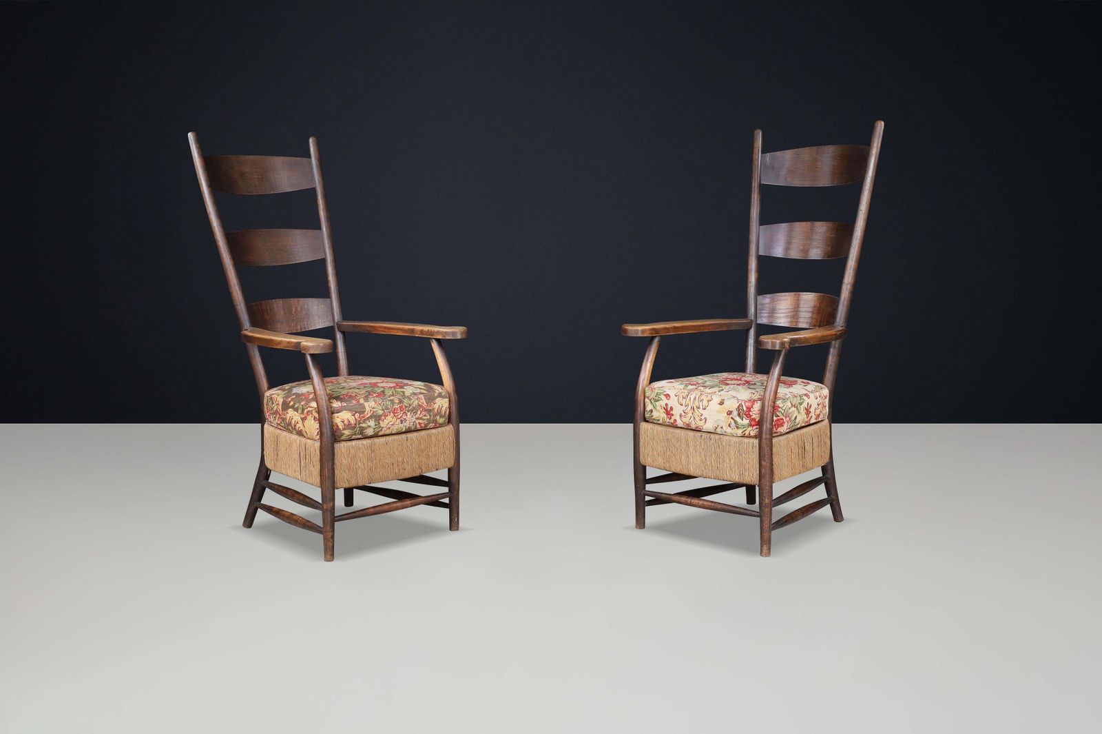 photo furniture French Provincial Highback Armchairs In Oak Rope & Floral Upholstery, France'30s