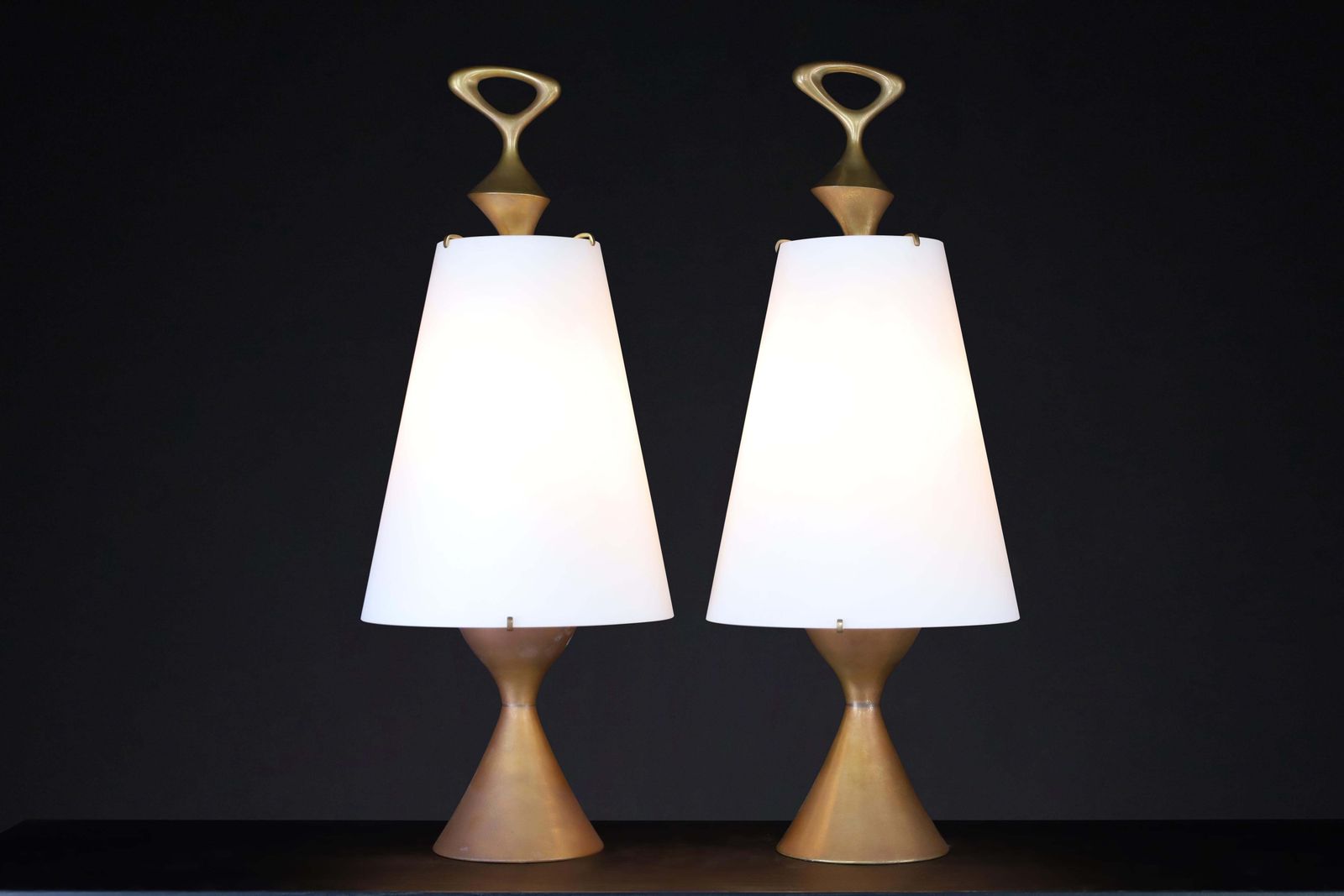 Max Ingrand For Fontana Arte Pair Of Two Patinated Brass Table Lamps Italy 1956 photo Lighting