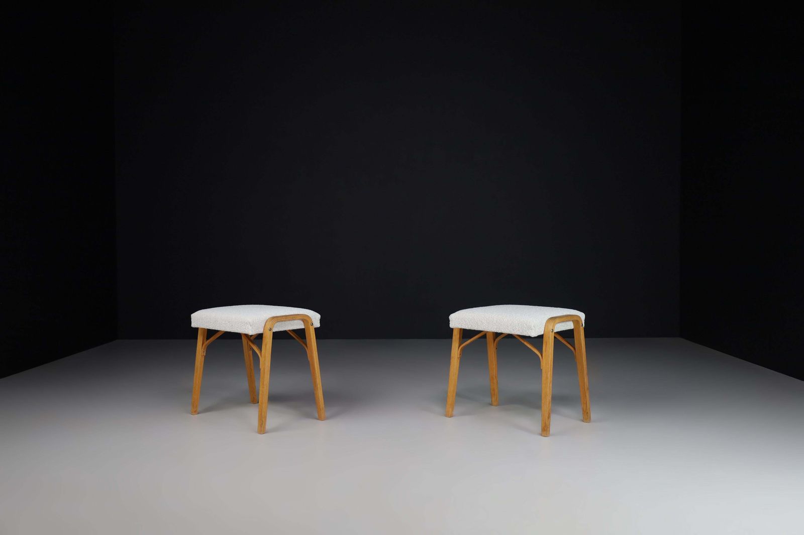 Midcentury Bentwood Stools With New Bouclé Fabric By Ludvik Volak 1960s photo vintage