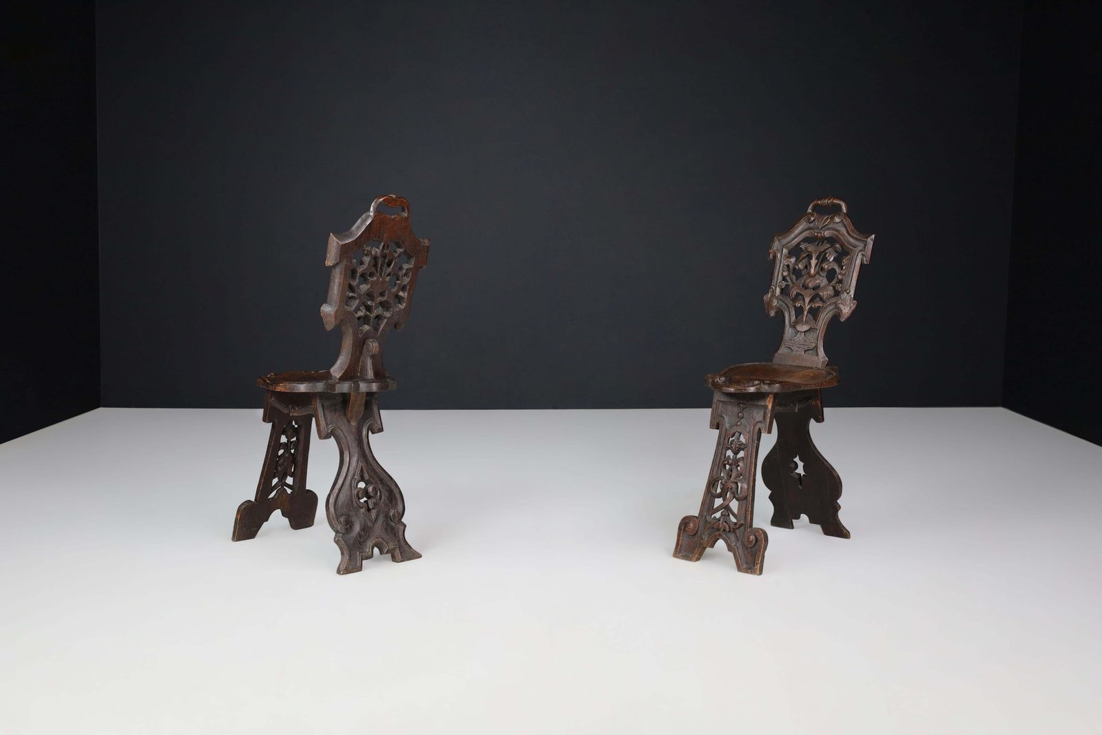Antique Pair Of Figural Heavily Carved Oak Sgabello Chairs Italy photo Furniture